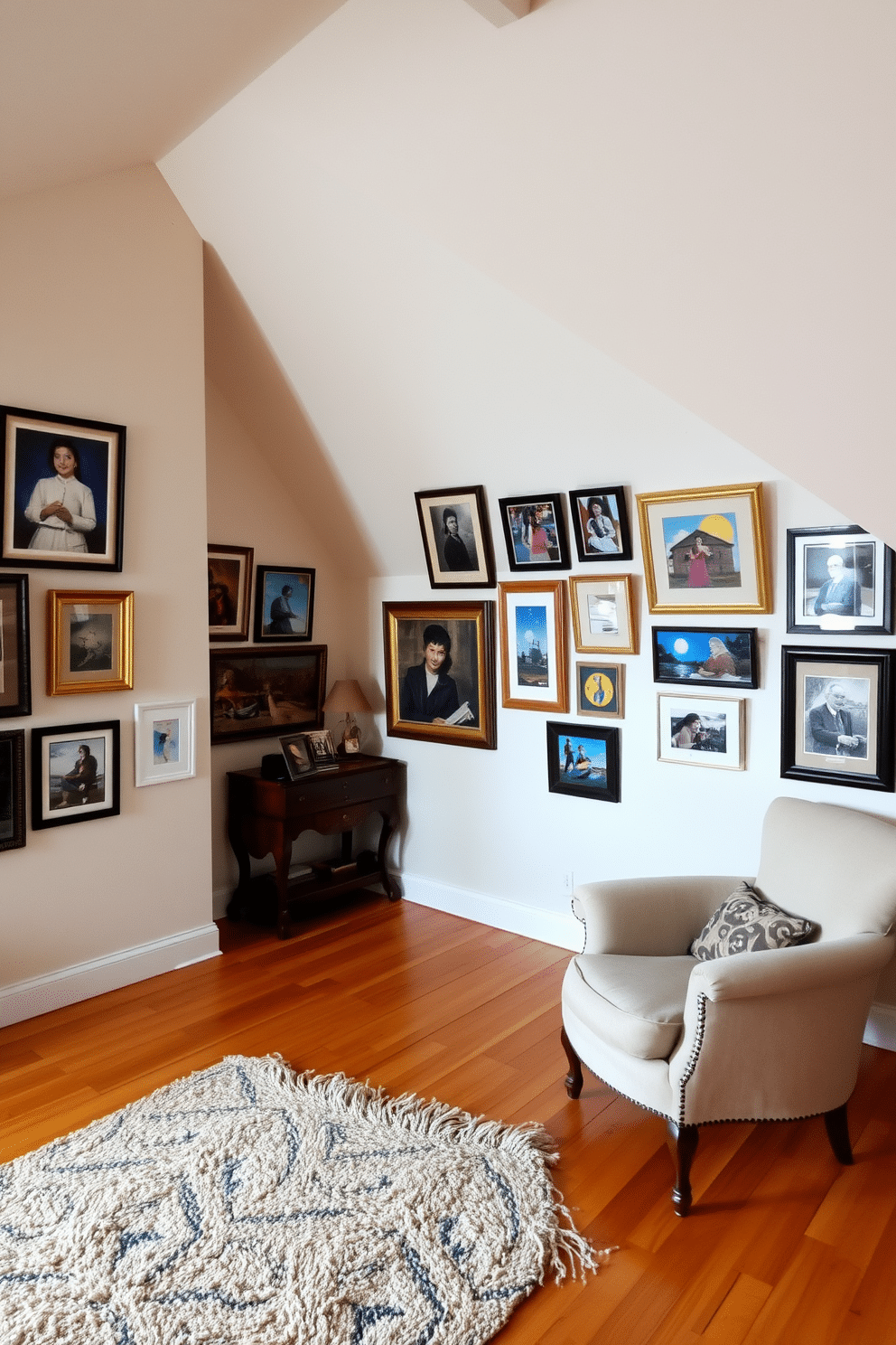 A cozy attic space with sloped walls showcases a curated art display. Vibrant paintings and framed photographs are arranged in an eclectic style, adding personality to the room. The flooring features warm wooden planks, complementing the soft, neutral color palette of the walls. A plush area rug anchors the seating area, which includes a small sofa and a vintage armchair for relaxation.