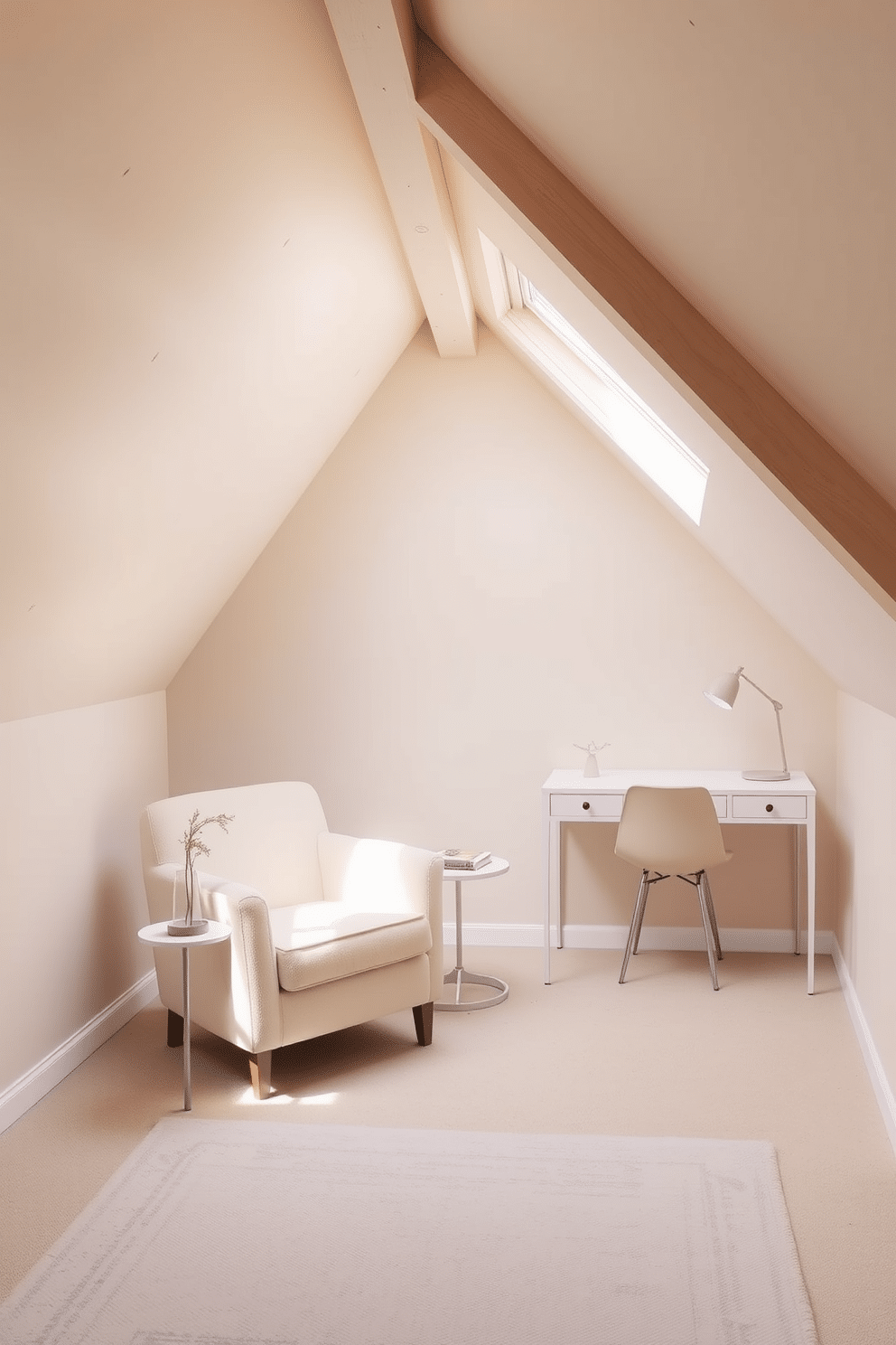 A serene attic space designed with a neutral palette to evoke a calming atmosphere. Soft beige walls complement light wood beams, while a cozy reading nook features a plush cream-colored armchair and a small side table with a delicate plant. Natural light floods the room through a skylight, illuminating a minimalist workspace with a simple desk and a stylish lamp. The floor is adorned with a light gray area rug, enhancing the tranquil vibe of this small attic retreat.