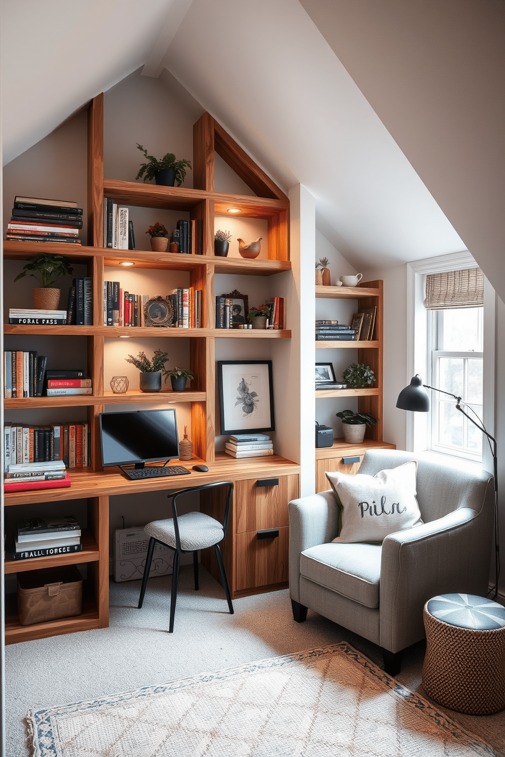 A cozy small attic space featuring built-in shelves that maximize storage while maintaining an airy feel. The shelves are crafted from reclaimed wood, showcasing a mix of books, plants, and decorative items, with soft lighting illuminating the space. The walls are painted a light, neutral color to enhance brightness, while a comfortable reading nook with a plush armchair is nestled beside a window. A small desk area is incorporated into the design, providing a functional workspace without compromising the room's charm.