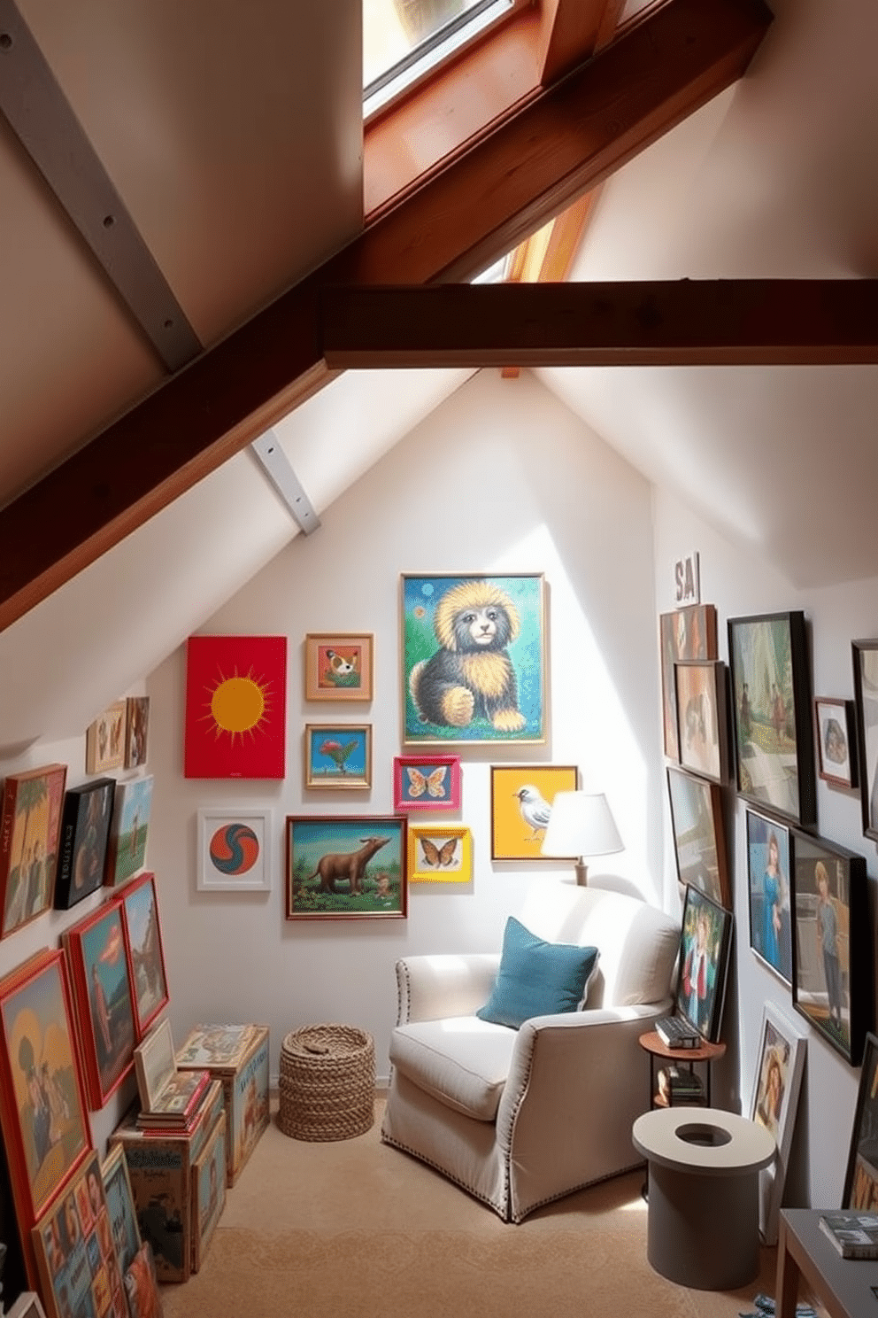 A cozy attic space filled with bright, colorful artwork that adds character and vibrancy to the room. The walls are painted in a soft white, providing a perfect backdrop for the eclectic mix of paintings and prints that adorn them. In one corner, a small reading nook features a plush armchair and a side table, inviting relaxation. Natural light streams in through a skylight, illuminating the warm wooden beams and creating a welcoming atmosphere.