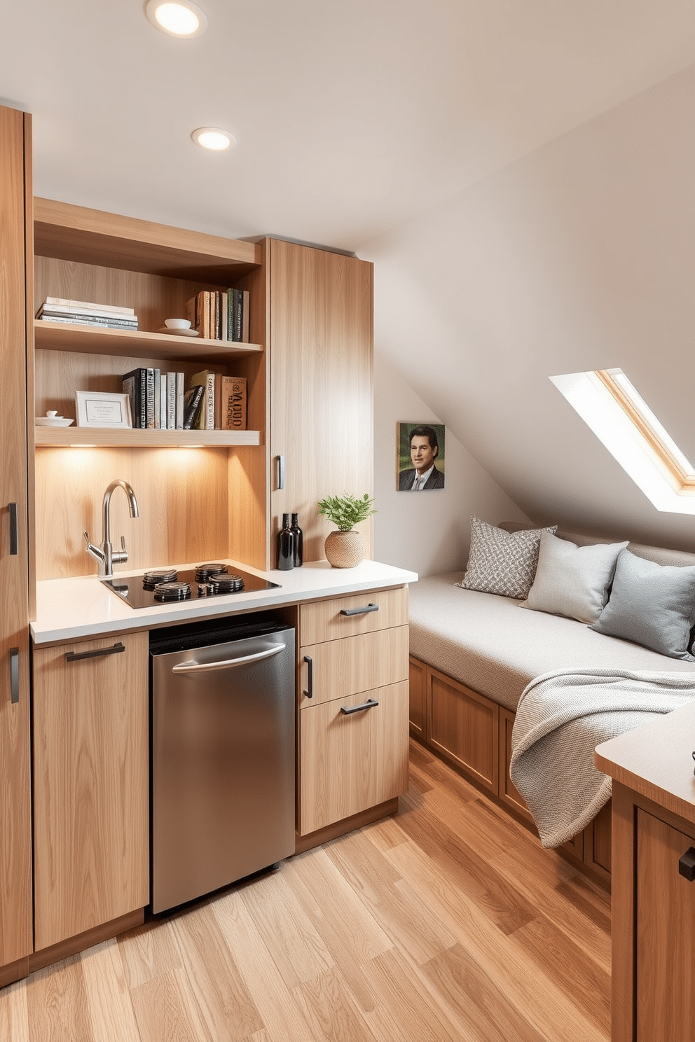 A small kitchenette designed for convenience features sleek cabinetry in a light wood finish, paired with a compact stainless steel refrigerator and a two-burner cooktop. The countertop is a durable quartz surface with an undermount sink, and above, open shelving displays neatly arranged dishes and cookbooks. For the small attic design, the space is transformed into a cozy retreat with angled ceilings and soft, ambient lighting. A plush sofa bed is positioned against one wall, complemented by a small writing desk and a window nook adorned with cushions for relaxation.