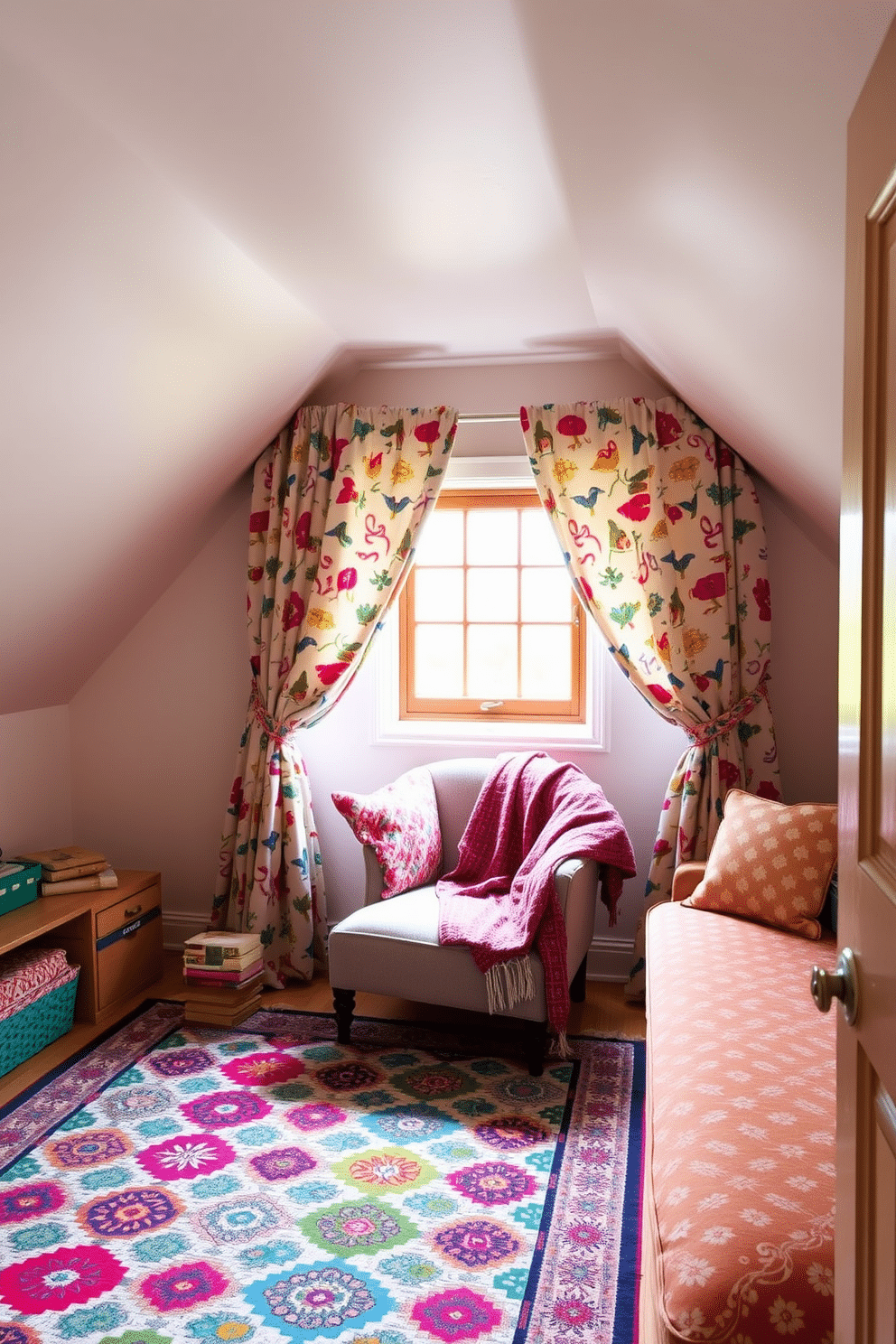 A cozy attic space filled with playful patterns on textiles and curtains. The walls are painted in soft pastels, while a vibrant patterned rug anchors the seating area, featuring a mix of geometric and floral designs. A comfortable reading nook is created with a plush armchair draped in a colorful throw blanket. The curtains, adorned with whimsical motifs, frame a small window that lets in natural light, enhancing the cheerful atmosphere of the attic.