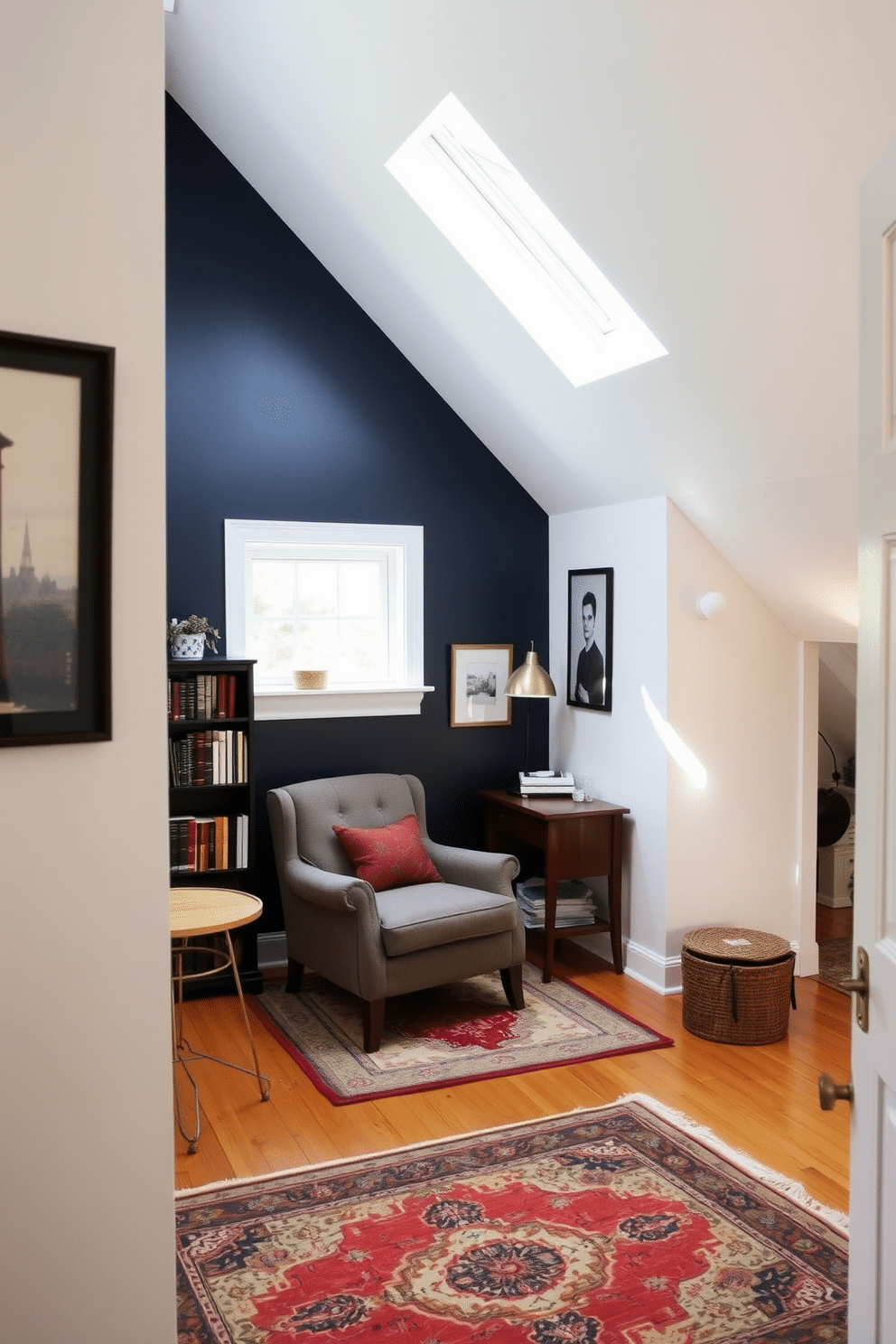 A cozy attic space features an accent wall painted in a deep navy blue, creating a striking focal point. The rest of the walls are a soft white, allowing natural light from the skylights to enhance the room's brightness. Incorporate a stylish reading nook with a plush armchair and a small bookshelf against the accent wall. A vintage rug adds warmth to the hardwood floor, while a small desk in the corner provides a functional workspace.