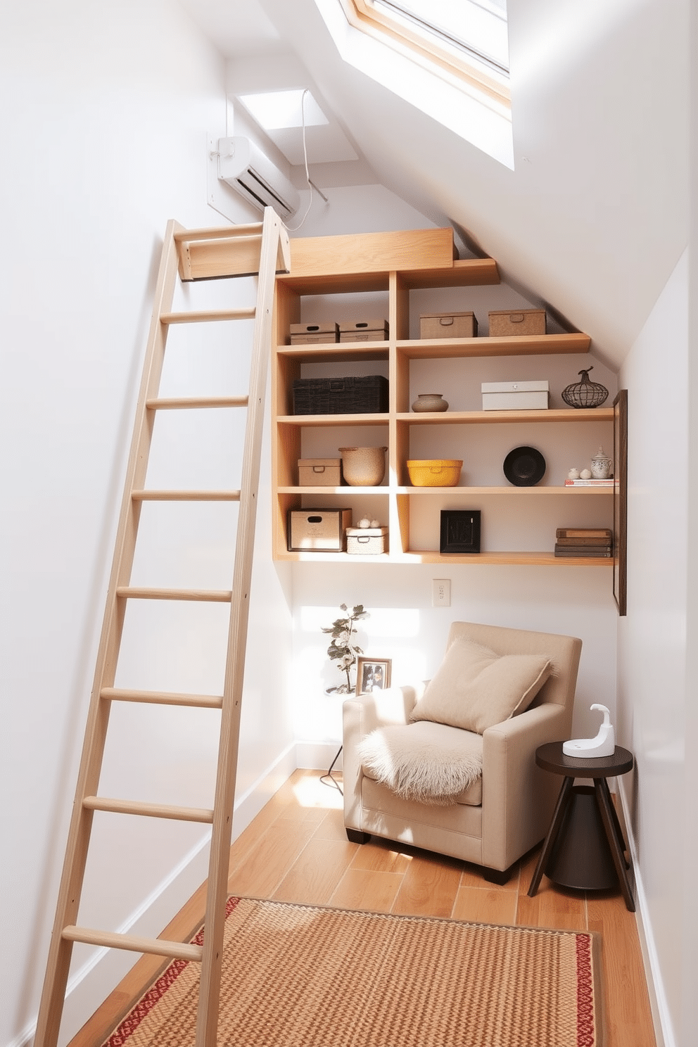 A functional ladder leads up to a cozy attic space, designed for optimal storage and accessibility. The walls are painted in a soft white, and natural light filters through a small skylight, illuminating the wooden shelves filled with neatly organized boxes and decorative items. In the corner, a plush reading nook features a comfortable armchair and a small side table, creating a perfect retreat. The floors are adorned with a warm, textured rug, adding a touch of comfort to the minimalist design.