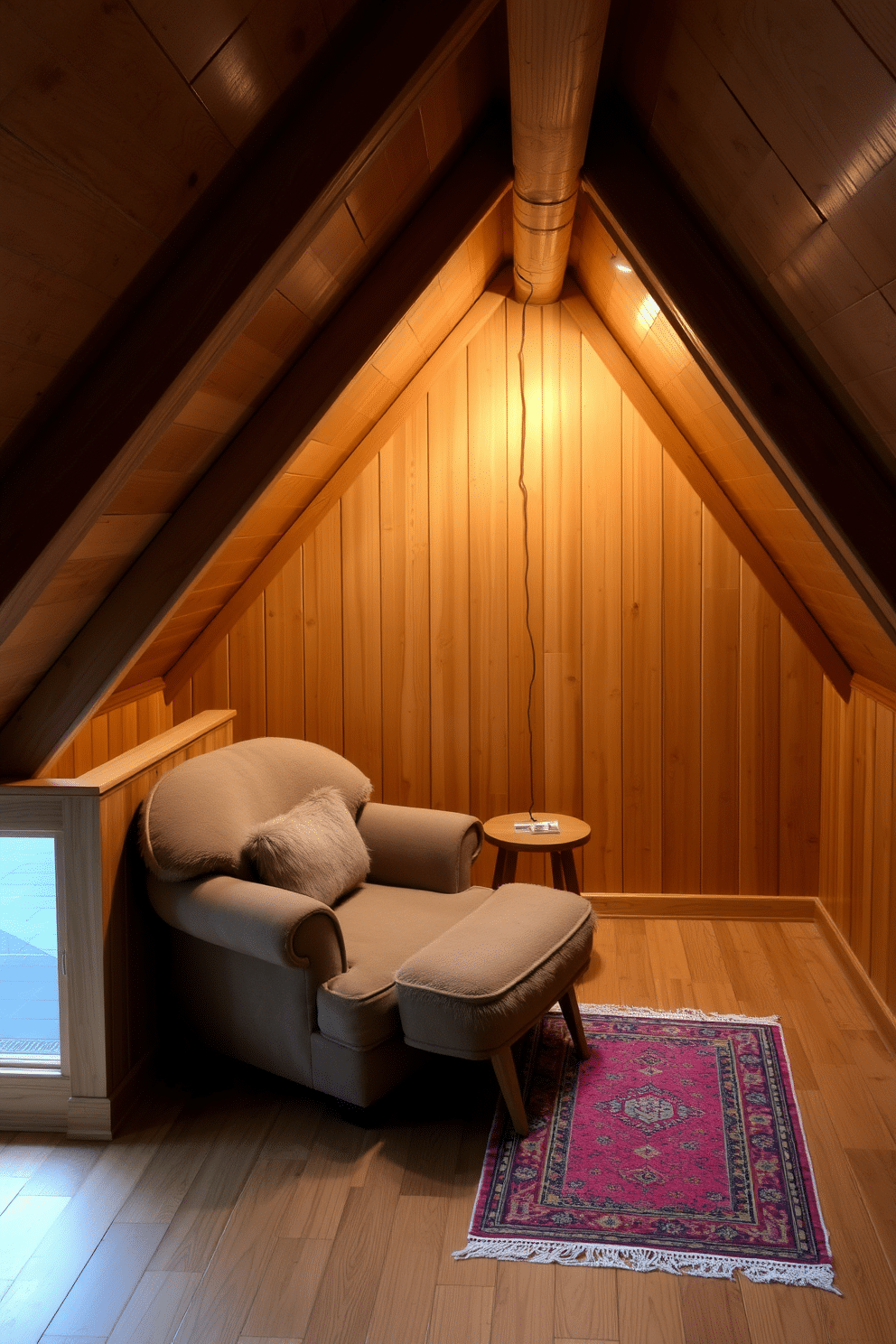 A cozy attic space designed with natural wood finishes, featuring exposed beams and warm wooden paneling. The area is furnished with a plush, oversized armchair and a small wooden coffee table, creating an inviting reading nook. Soft, ambient lighting illuminates the room, highlighting the textures of the wood and creating a serene atmosphere. A small, vintage rug adds a touch of color and comfort to the wooden floor, enhancing the cozy feel of the space.