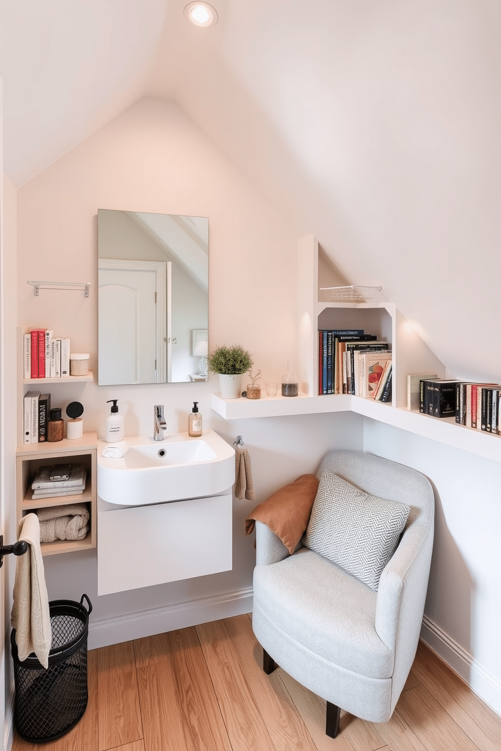 A compact bathroom with clever storage features a sleek, wall-mounted vanity with integrated shelving for toiletries. The walls are painted in a light, airy color, and a large mirror above the sink reflects natural light, enhancing the sense of space. For small attic design ideas, the space is transformed with built-in bookshelves that utilize the sloped ceiling. Cozy reading nooks with plush cushions are created by placing a small armchair under the eaves, complemented by soft lighting to create an inviting atmosphere.