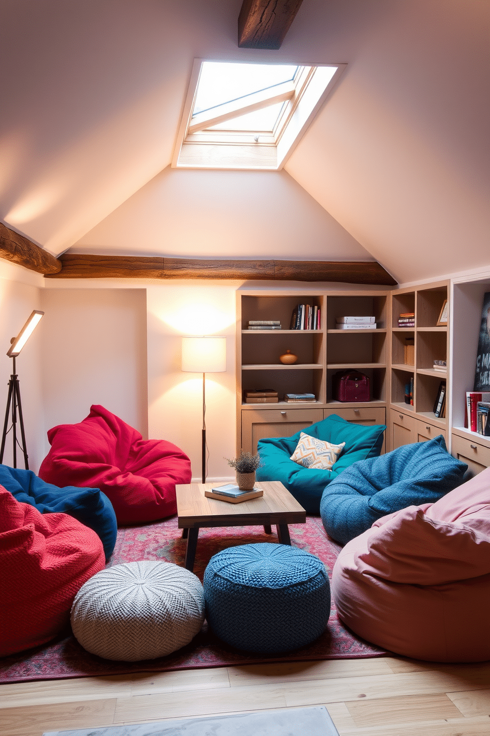 A cozy seating area featuring colorful bean bags and textured poufs arranged around a low coffee table. Soft, ambient lighting from a nearby floor lamp creates a warm and inviting atmosphere, perfect for relaxation and casual gatherings. An imaginative small attic design that maximizes space with built-in shelves and a skylight that floods the area with natural light. The walls are painted in a light, airy color, complemented by rustic wooden beams that add character and charm to the room.