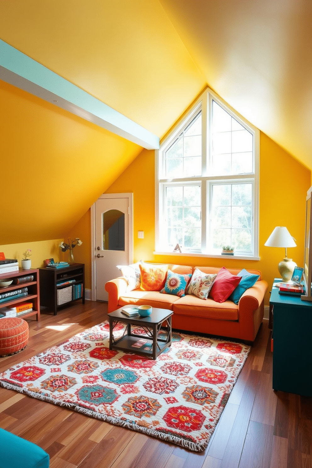 A cozy attic space filled with bright colors that enhance natural light. The walls are painted in a soft yellow, complemented by vibrant orange and teal accents in the furnishings. Large windows allow sunlight to flood the room, creating a warm and inviting atmosphere. A plush area rug in a bold geometric pattern anchors the seating area, featuring a mix of colorful cushions on a comfortable sofa.