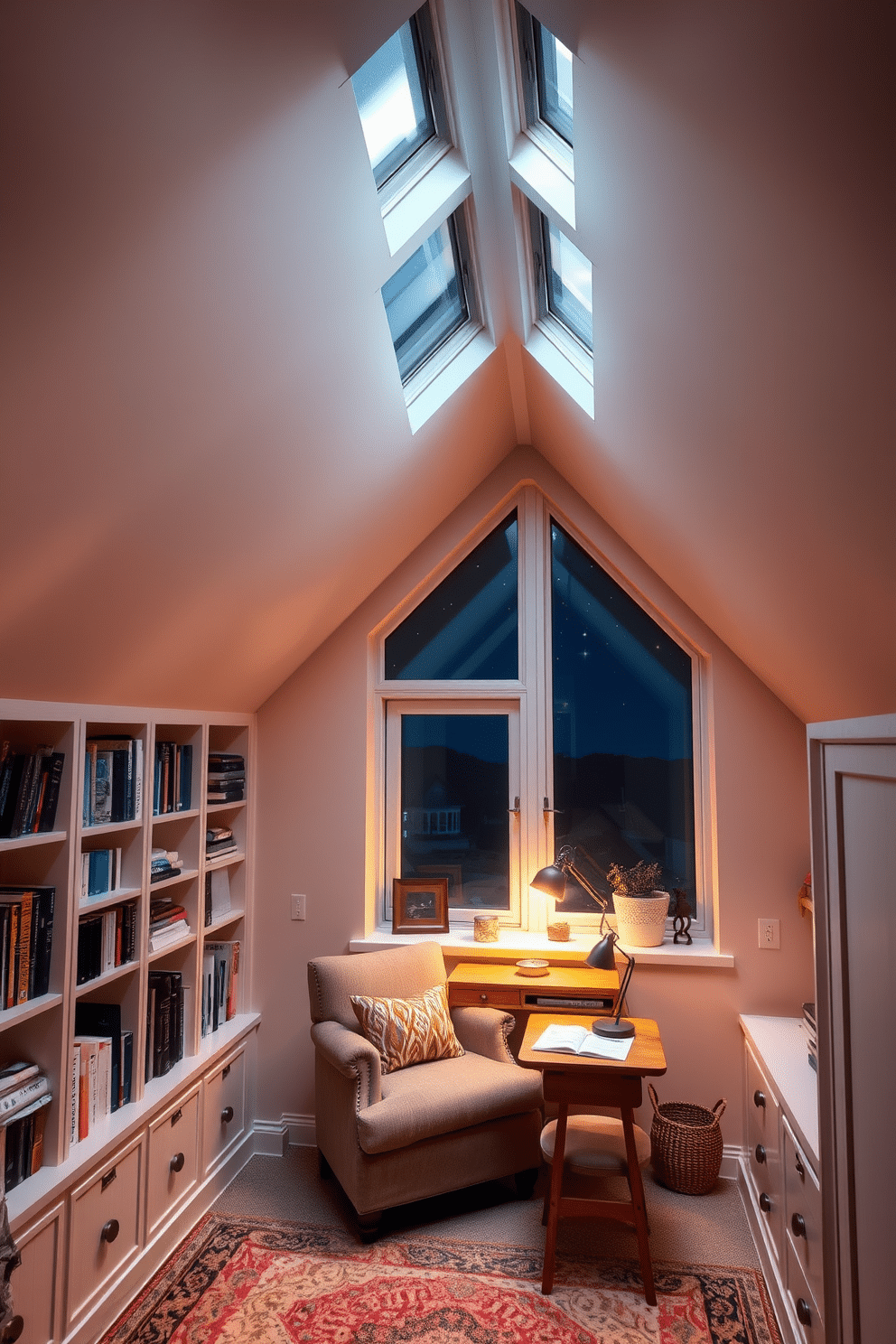 A cozy attic space with charming skylights that invite starlight in at night. The walls are painted in soft pastel hues, and a plush reading nook with a comfortable armchair is nestled under one of the skylights. The design features built-in shelves filled with books and decorative items, creating a warm and inviting atmosphere. A small wooden desk sits near the window, perfect for writing or studying while enjoying the view of the night sky.