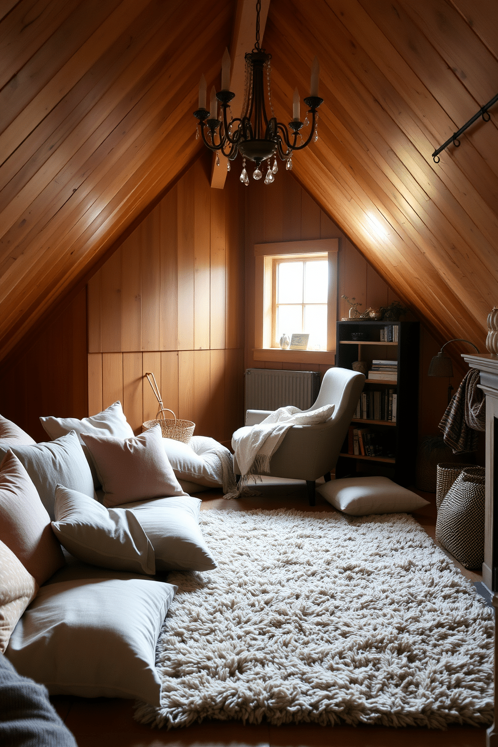 A cozy attic space filled with soft textiles, featuring a plush area rug that invites comfort underfoot. The walls are adorned with warm-toned wood paneling, and oversized cushions in muted pastels are scattered across a low, inviting seating area. Natural light streams in through a small, gabled window, illuminating a reading nook with a soft throw blanket draped over a vintage armchair. Shelves lined with books and decorative items add character, while a delicate chandelier casts a warm glow overhead.