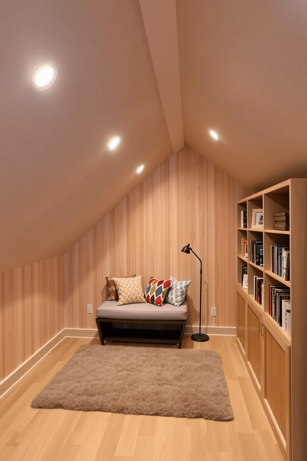 A cozy attic space with a sloped ceiling, featuring recessed lighting that softly illuminates the room. The walls are clad in light wood paneling, creating a warm and inviting atmosphere, while a plush area rug adds comfort underfoot. In one corner, a small reading nook is created with a built-in bench adorned with colorful cushions. A stylish bookshelf lines the opposite wall, showcasing a collection of books and decorative items that enhance the room's charm.