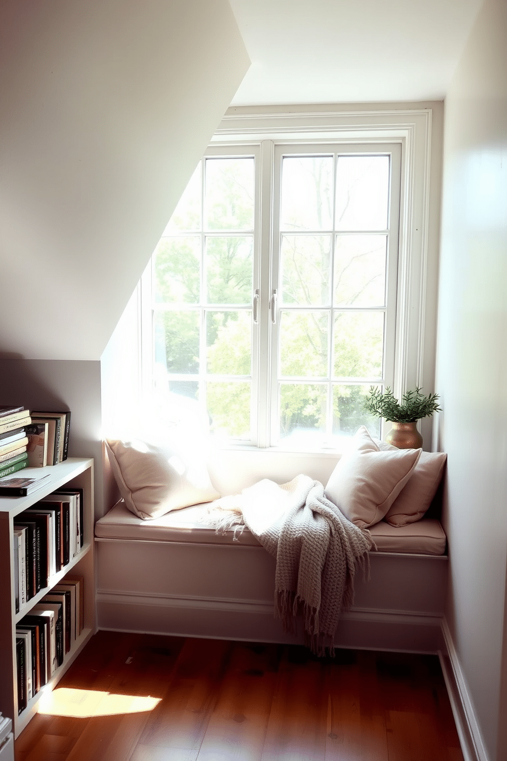 A cozy window seat nestled in the corner of a small attic, adorned with plush cushions in soft pastel colors. Natural light floods the space through a large window, creating a warm and inviting atmosphere. The walls are painted in a light, airy hue, enhancing the sense of openness. A small bookshelf filled with favorite novels and a throw blanket draped over the seat add to the charm of this intimate nook.