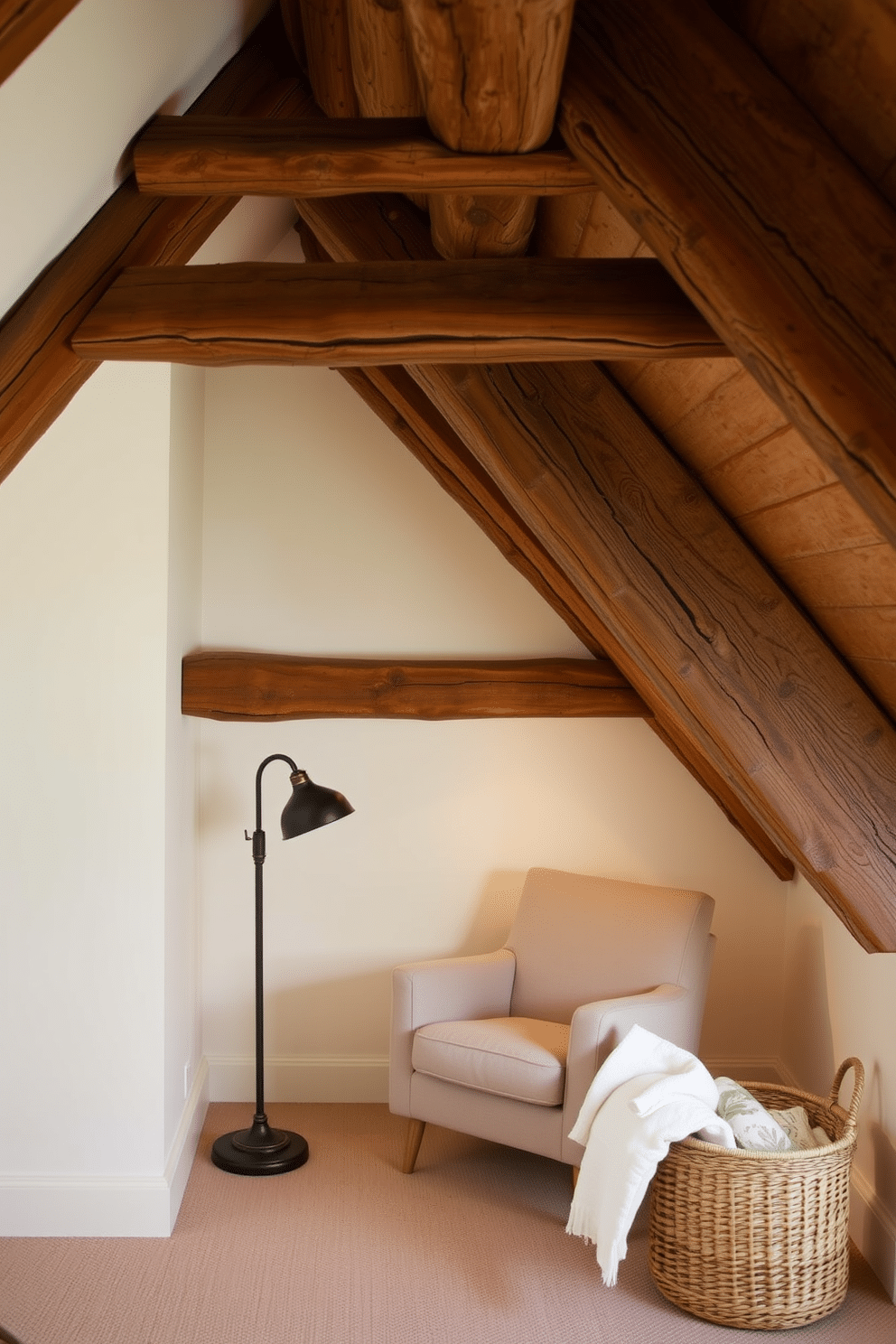 A cozy attic space featuring rustic wooden beams that add warmth and charm to the room. The walls are painted in a soft cream color, complementing the natural wood tones and creating a serene atmosphere. In one corner, a small reading nook is created with a plush armchair and a vintage floor lamp. A woven basket filled with blankets sits nearby, enhancing the inviting feel of the space.