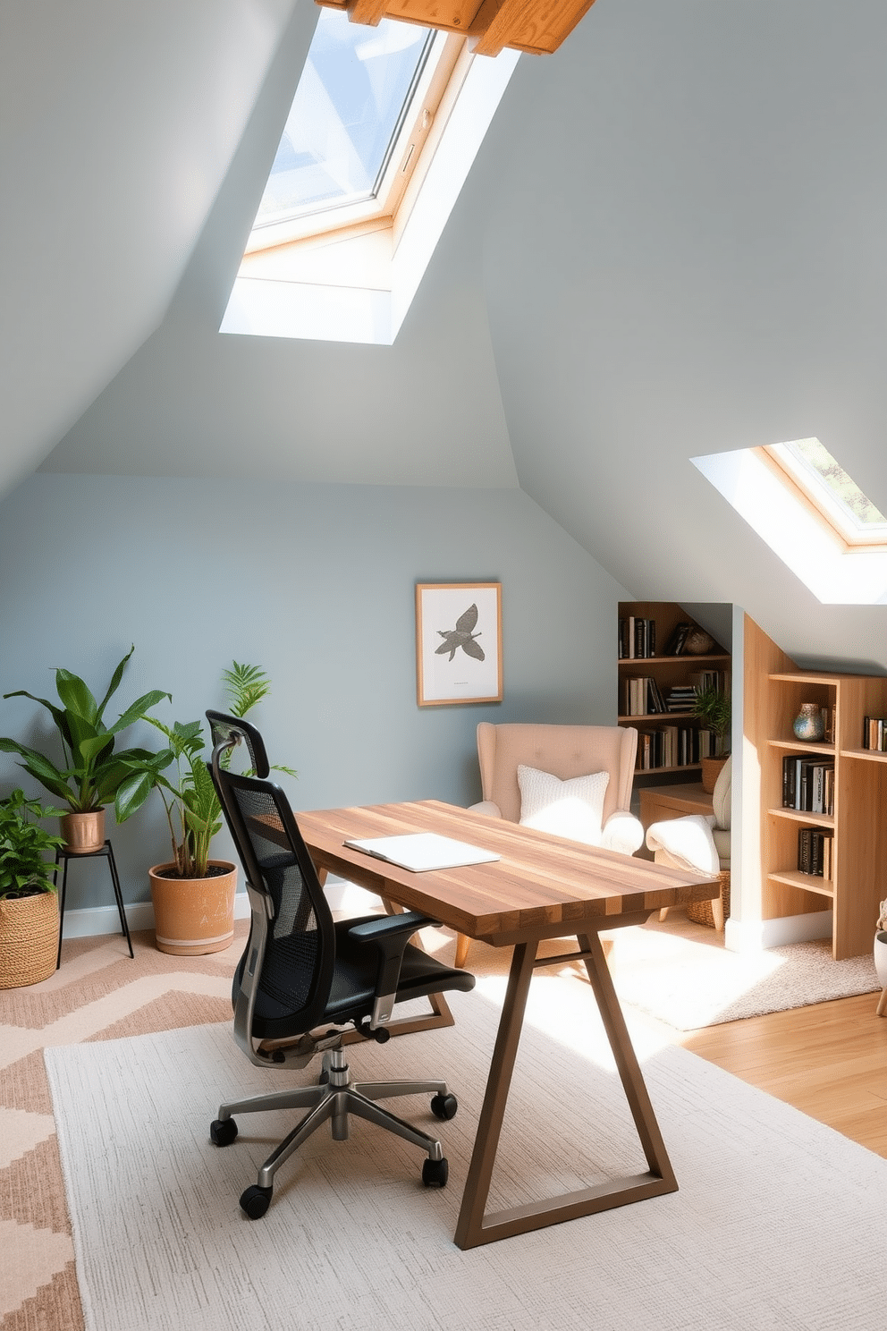 A cozy home office features a small, minimalist desk made of reclaimed wood, paired with a stylish ergonomic chair. Natural light floods the space through a skylight, illuminating the walls painted in a soft, calming blue, while a few potted plants add a touch of greenery. The attic is transformed into a charming retreat with sloped ceilings and exposed beams, showcasing a small reading nook with a plush armchair and a built-in bookshelf. Decorated with warm, neutral tones and soft textiles, the space invites relaxation and creativity.