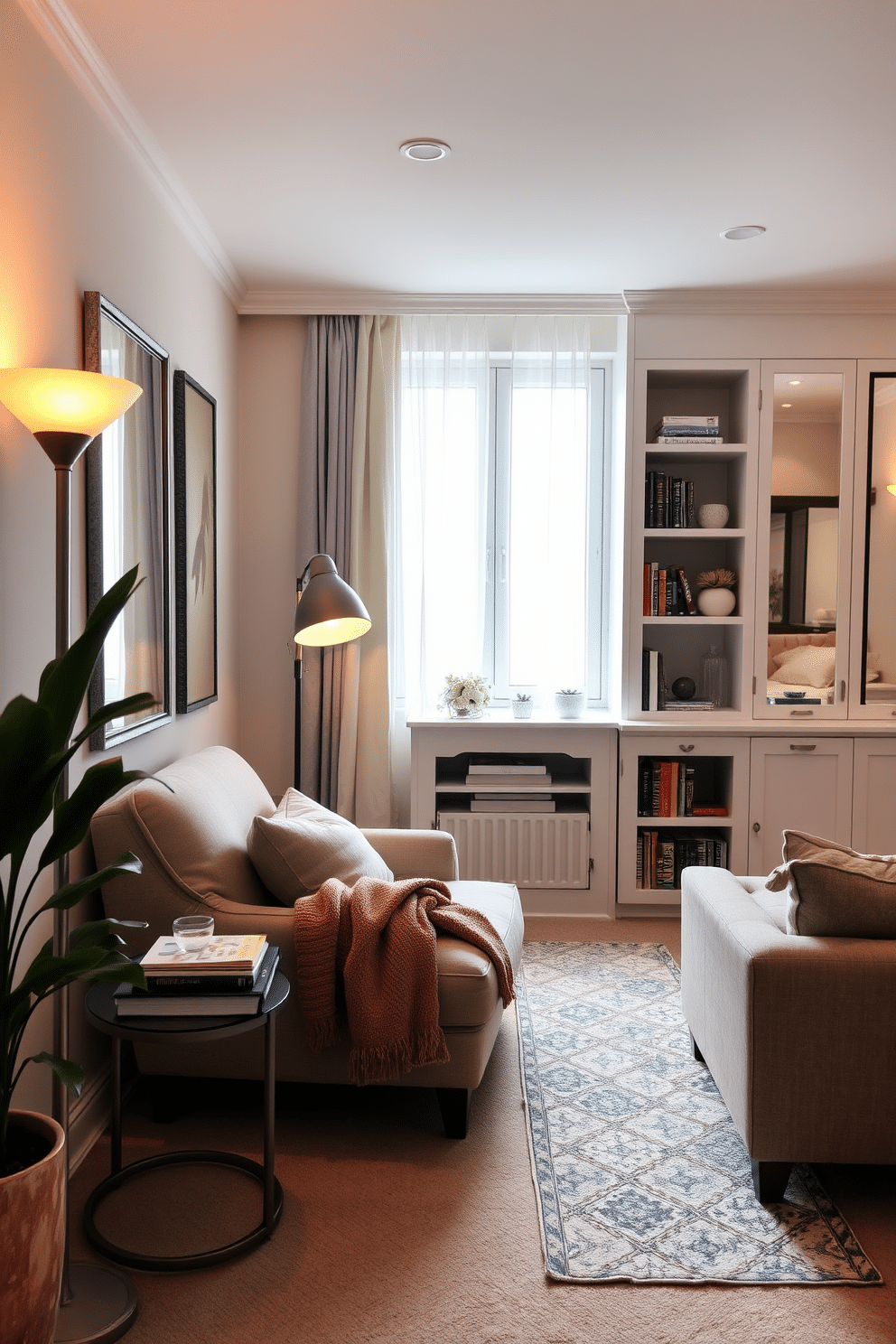 Cozy reading nook with soft lighting. A plush armchair is positioned next to a large window, draped with sheer curtains that allow gentle light to filter in. A small side table holds a stack of books and a steaming cup of tea, while a warm throw blanket is casually draped over the armrest. The walls are painted in a soft pastel hue, and a floor lamp with a warm glow stands in the corner, creating an inviting atmosphere. Small basement design ideas. The space features a multifunctional layout with a cozy seating area, including a sectional sofa and a coffee table, perfect for relaxation or entertaining. Light-colored walls and strategically placed mirrors enhance the brightness, while built-in shelves display books and decorative items, adding personality to the space.