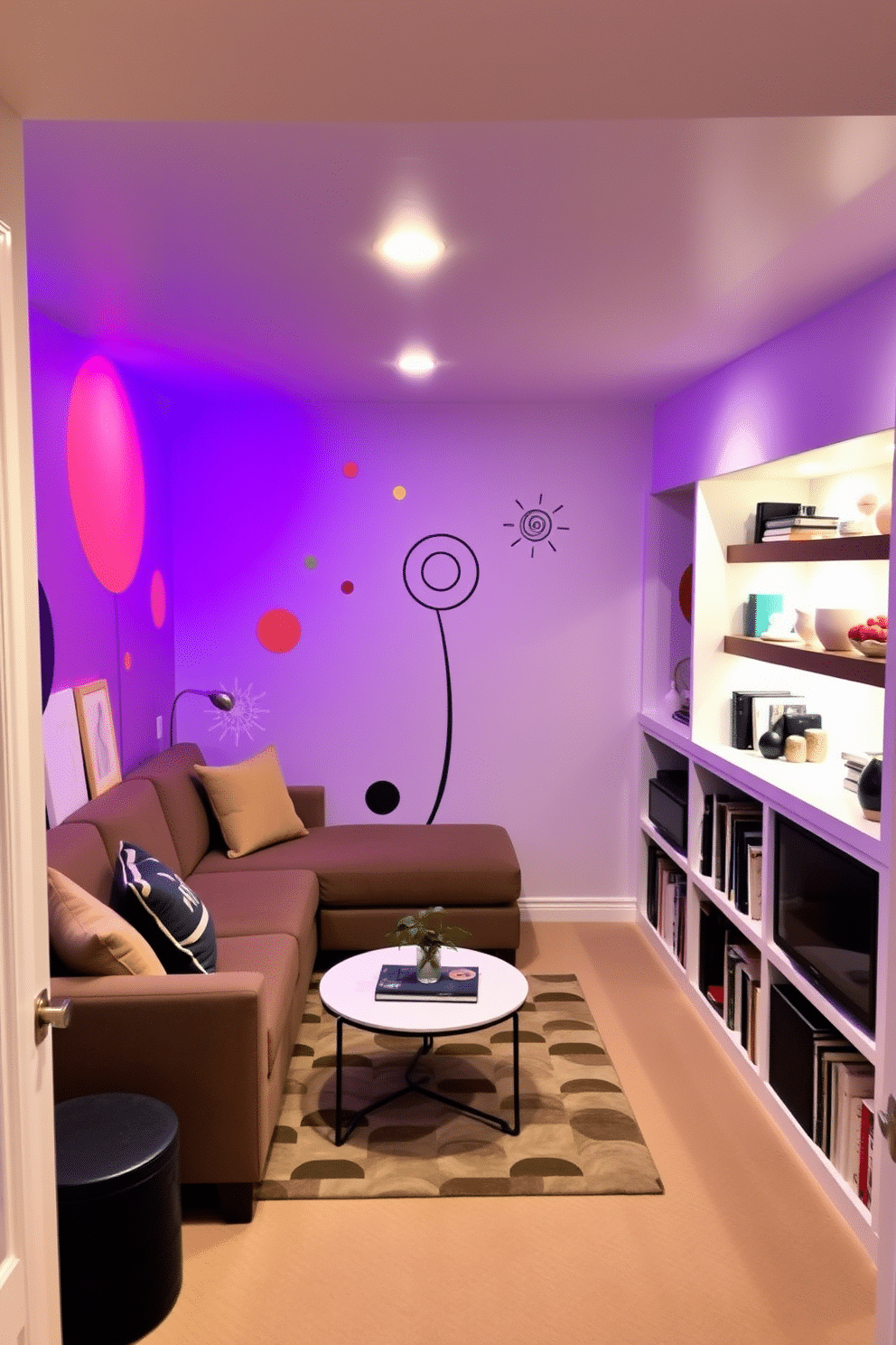 Artistic wall decals in vibrant colors adorn the walls, adding a unique flair and personal touch to the space. The decals feature abstract shapes and whimsical designs, creating an inviting atmosphere that reflects individual style. The small basement is transformed into a cozy retreat with soft lighting and multifunctional furniture. A compact sectional sofa faces a stylish coffee table, while built-in shelves display books and decorative items, maximizing both functionality and aesthetics.