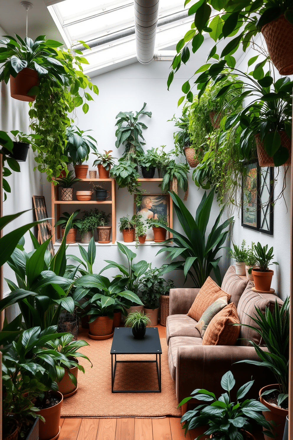 A cozy indoor space filled with lush greenery. Various potted plants in different sizes are strategically placed around the room, bringing life and color to the environment. A small basement transformed into a stylish retreat. The design features soft lighting, a comfortable seating area with a plush sofa, and a clever use of space with built-in shelves and a compact coffee table.