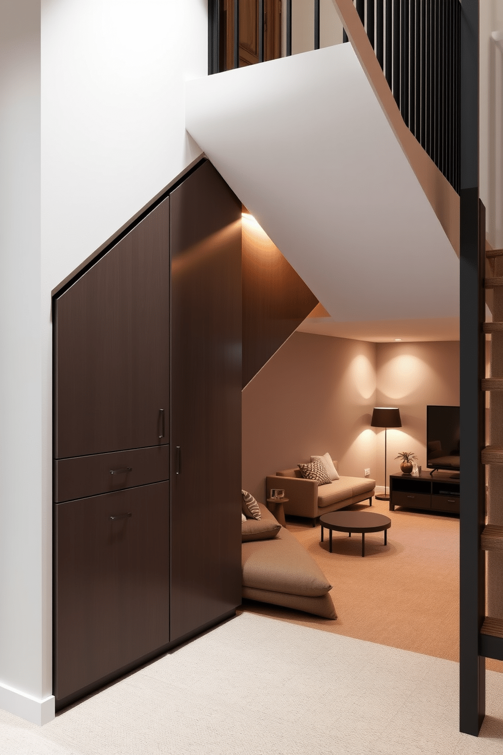 A clever hidden storage solution is integrated under the staircase, utilizing the space efficiently while maintaining a clean aesthetic. The design features sleek cabinetry with a minimalist finish, seamlessly blending into the staircase structure. In the small basement, soft ambient lighting illuminates the space, creating a cozy atmosphere. The layout includes multifunctional furniture that maximizes usability without compromising style, complemented by warm, neutral tones throughout.