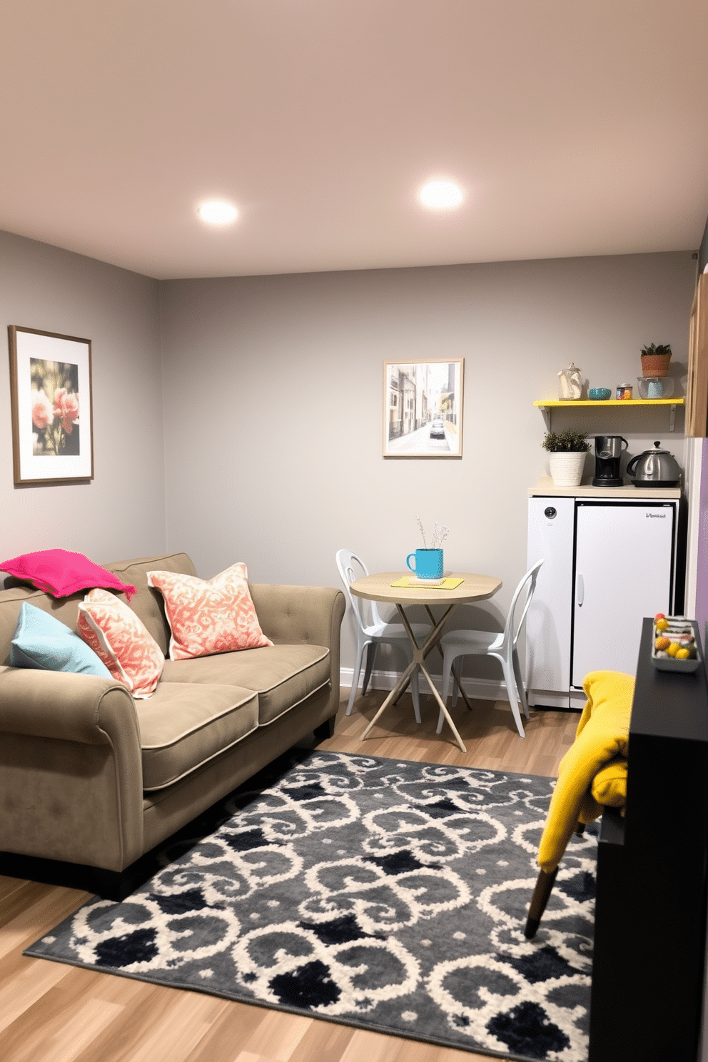 A cozy basement space featuring a plush sofa adorned with colorful throw pillows that add a pop of style and comfort. The walls are painted in a soft gray, while a stylish area rug anchors the seating area, creating an inviting atmosphere. A multifunctional small basement layout with a compact kitchenette and a small dining table for casual meals. Bright accent colors in the decor and furnishings enhance the space, making it feel both lively and welcoming.