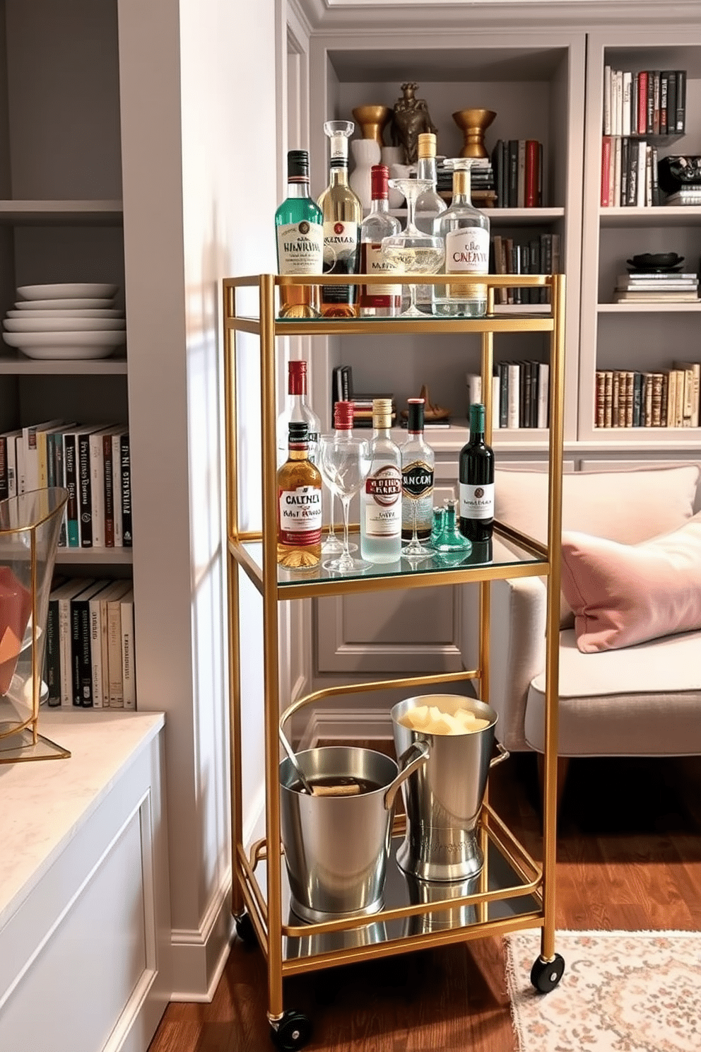 A stylish small bar cart for entertaining guests features a sleek gold frame with two glass shelves. The top shelf displays an assortment of premium spirits and elegant glassware, while the bottom shelf holds a selection of mixers and a decorative ice bucket. The small basement design incorporates a cozy lounge area with plush seating and warm lighting. A built-in bookshelf showcases an array of books and decorative items, creating an inviting atmosphere perfect for relaxation and social gatherings.