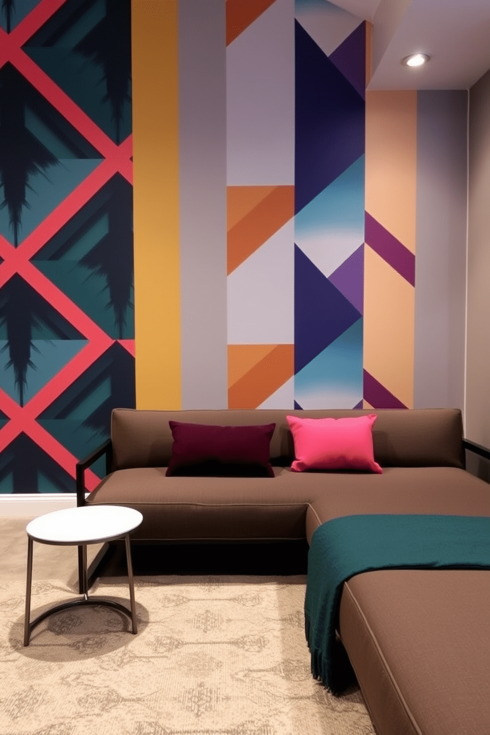 Accent wall with bold wallpaper design. The wall features a striking geometric pattern in vibrant colors, creating a focal point in the room. Small basement design ideas. The space is maximized with multifunctional furniture, including a sleek sofa bed and a compact coffee table, enhancing both comfort and utility.