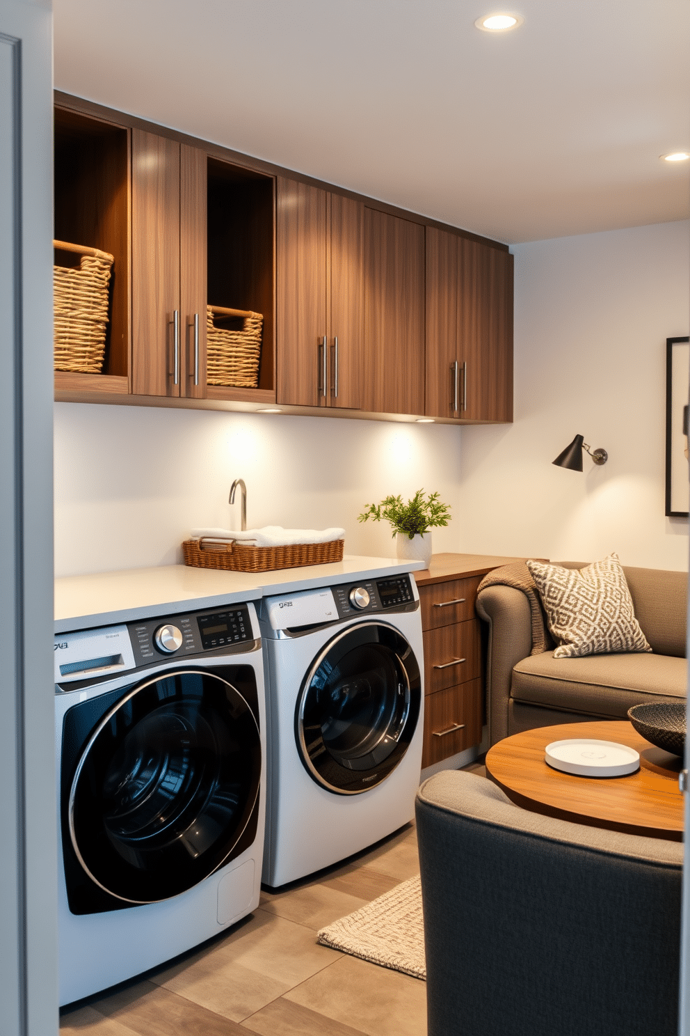 A functional laundry area featuring sleek cabinetry and stylish storage solutions. The space includes a stacked washer and dryer with a countertop above for folding clothes, complemented by woven baskets for organization. For small basement design ideas, envision a cozy lounge area with a sectional sofa and a coffee table. The walls are painted in a light color to enhance brightness, while strategic lighting fixtures create a warm and inviting atmosphere.