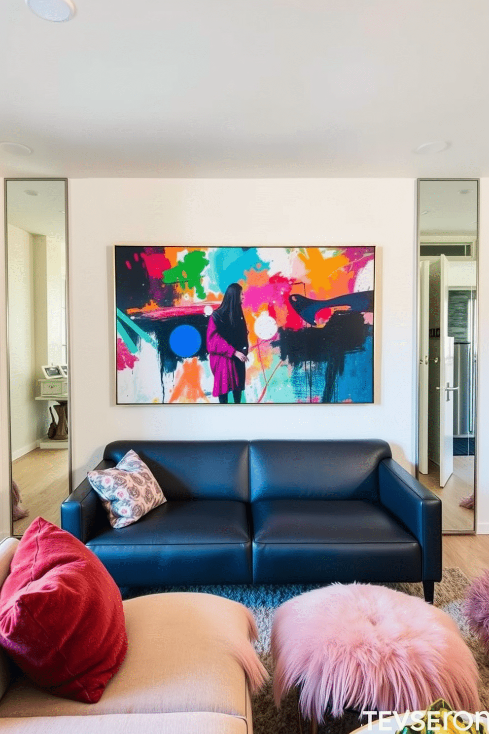 Bright artwork to liven up space. A large abstract painting with vibrant colors hangs above a sleek, modern sofa, creating a focal point in the room. Small Basement Design Ideas. The basement features a cozy seating area with plush, multi-colored cushions, while strategically placed mirrors enhance the sense of space and light.