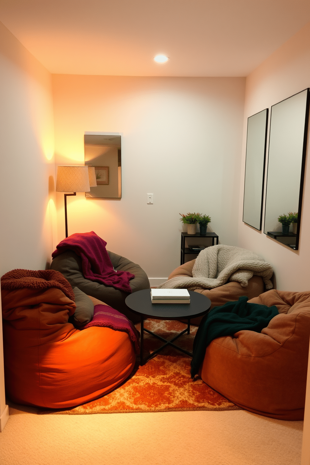 A cozy corner features oversized bean bags in soft, textured fabrics, surrounded by plush, colorful blankets draped casually. Warm ambient lighting from a nearby floor lamp creates an inviting atmosphere, perfect for relaxation or reading. The small basement design incorporates light-colored walls to enhance the sense of space, complemented by strategically placed mirrors. A compact seating area with a stylish coffee table offers functionality while maintaining a cozy, intimate vibe.