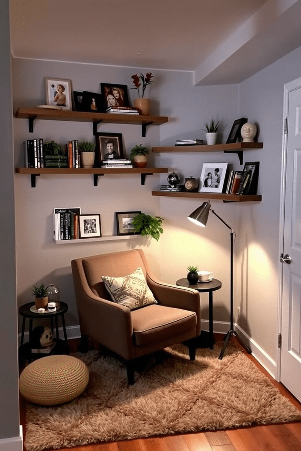 A cozy basement space featuring floating shelves adorned with decorative items like books, plants, and framed photos. The walls are painted a soft gray, and the floor is covered with a plush area rug that adds warmth to the room. In one corner, a small seating area includes a stylish armchair and a side table, creating an inviting nook for relaxation. Ambient lighting from a sleek floor lamp enhances the atmosphere, making it a perfect spot for reading or enjoying a cup of coffee.