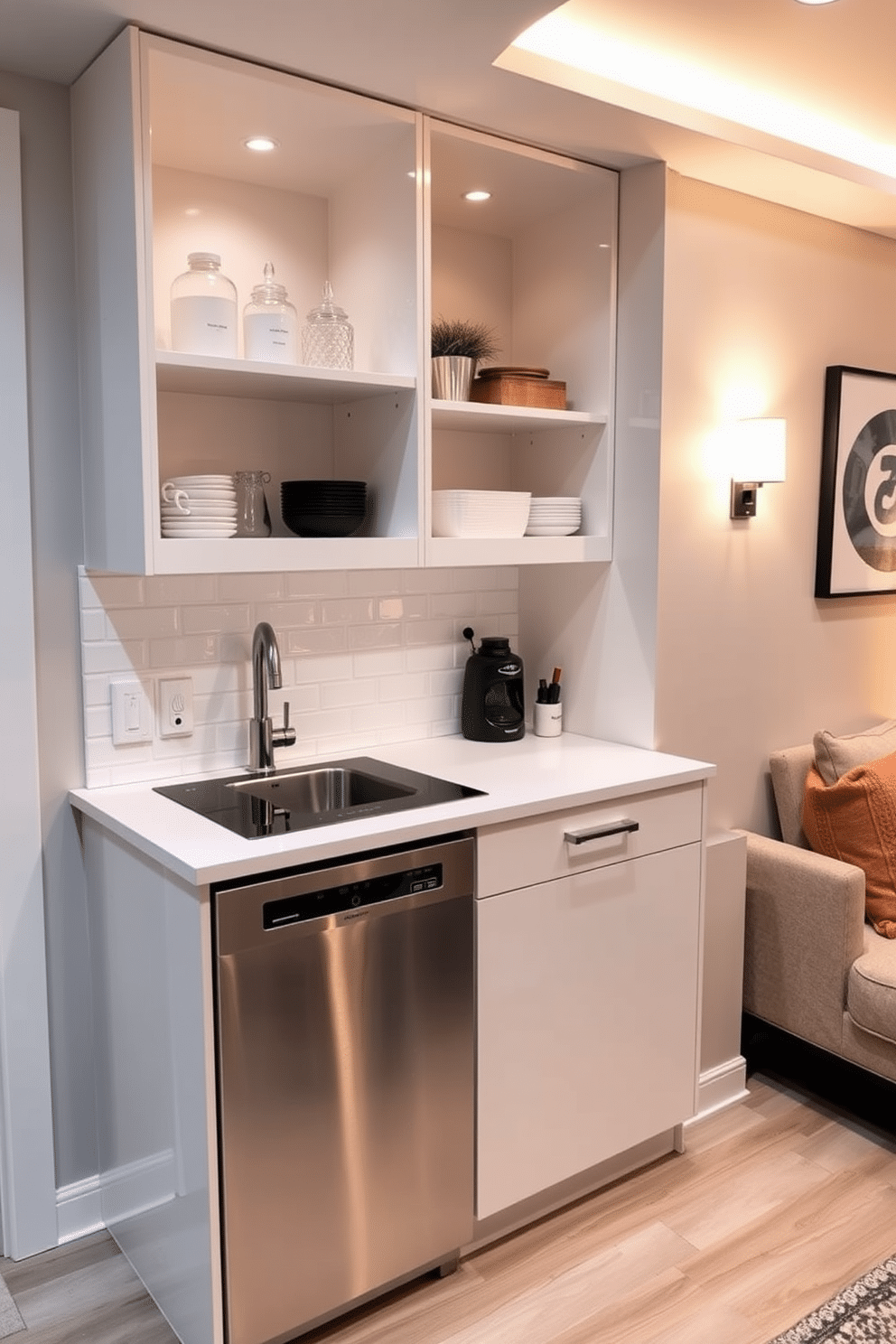 A compact kitchenette designed for convenience features sleek, modern cabinetry in a glossy white finish, with a minimalist stainless steel sink and a two-burner induction cooktop. The countertop is a durable quartz surface, complemented by a stylish backsplash of subway tiles, while open shelving displays neatly organized kitchen essentials. For small basement design ideas, the space is transformed into a cozy retreat with warm lighting and comfortable seating options. Soft, neutral tones on the walls create an inviting atmosphere, while clever storage solutions maximize functionality without sacrificing style.