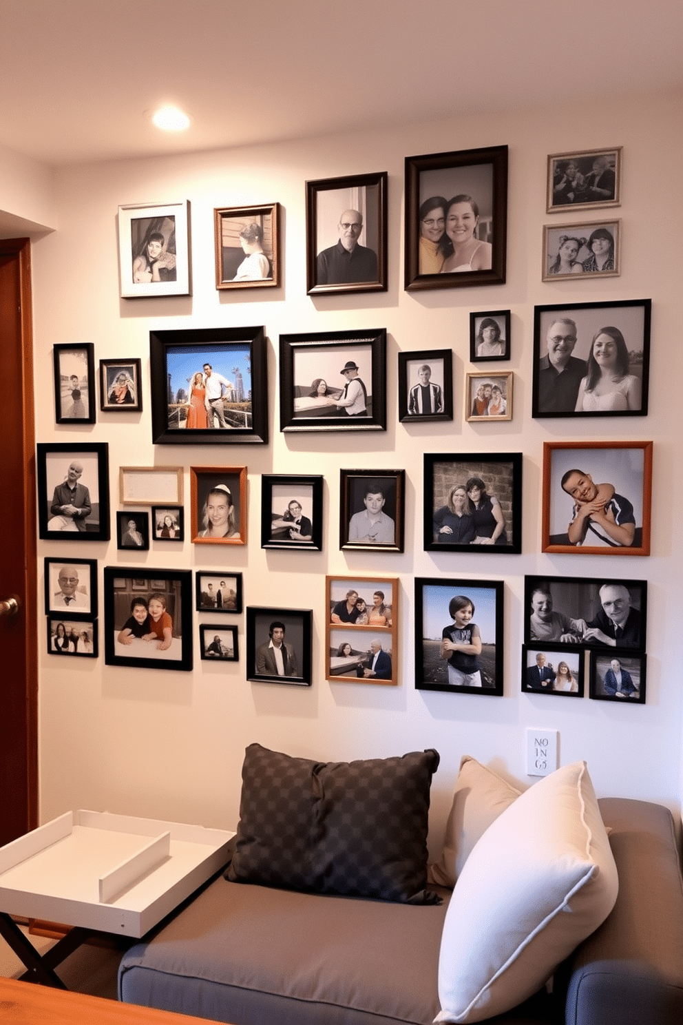 A personalized photo gallery wall showcases cherished memories, featuring an eclectic mix of framed photographs in various sizes and styles. The wall is painted in a soft white, creating a bright backdrop that enhances the colors of the images, while warm LED lights highlight the collection. Small basement design ideas focus on maximizing space and functionality, incorporating multi-purpose furniture like a fold-out sofa bed and a compact coffee table. Soft lighting and light-colored walls create an inviting atmosphere, making the basement feel cozy and open despite its smaller dimensions.