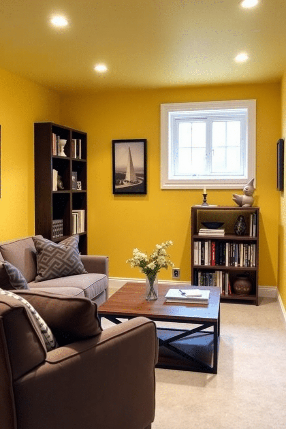 Bright wall colors to enhance light create an uplifting atmosphere in a small basement. The walls are painted in a cheerful yellow, while the ceiling features recessed lighting that adds warmth to the space. To maximize functionality, a cozy seating area is arranged with a plush sofa and a stylish coffee table. A small bookshelf is placed against one wall, filled with books and decorative items, adding personality to the room.