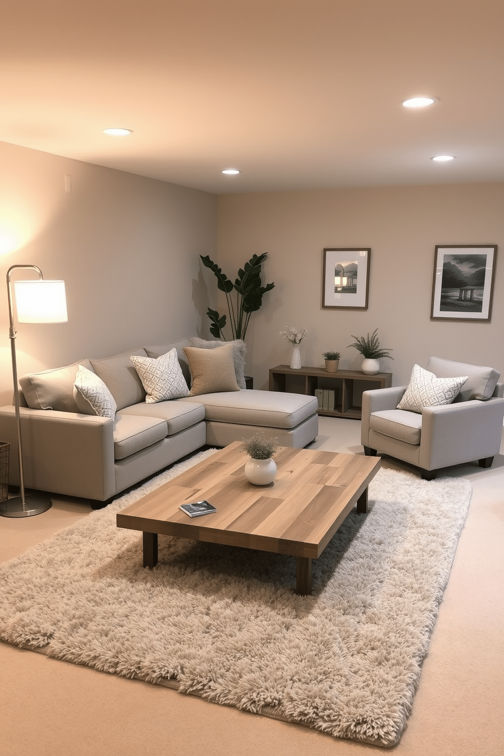 A cozy basement retreat featuring a neutral color palette that promotes a calming atmosphere. Soft beige walls complement light gray furniture, creating a serene environment perfect for relaxation. In one corner, a plush sectional sofa is adorned with textured throw pillows in subtle earth tones. A minimalist coffee table made of reclaimed wood sits atop a large, soft area rug that adds warmth to the space. Lighting is provided by recessed fixtures and a stylish floor lamp, casting a warm glow throughout the room. Decorative elements include a few potted plants and framed artwork that enhances the tranquil vibe.