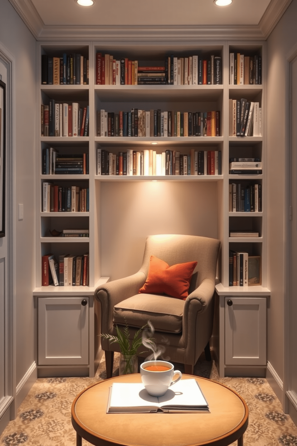 A cozy basement space featuring built-in shelves that elegantly frame a reading nook. The shelves are filled with an array of books, while a plush armchair sits invitingly nearby, bathed in soft, warm lighting. The walls are painted in a light gray hue, enhancing the airy feel of the space. A small coffee table rests in front of the armchair, adorned with a decorative plant and a steaming cup of tea.