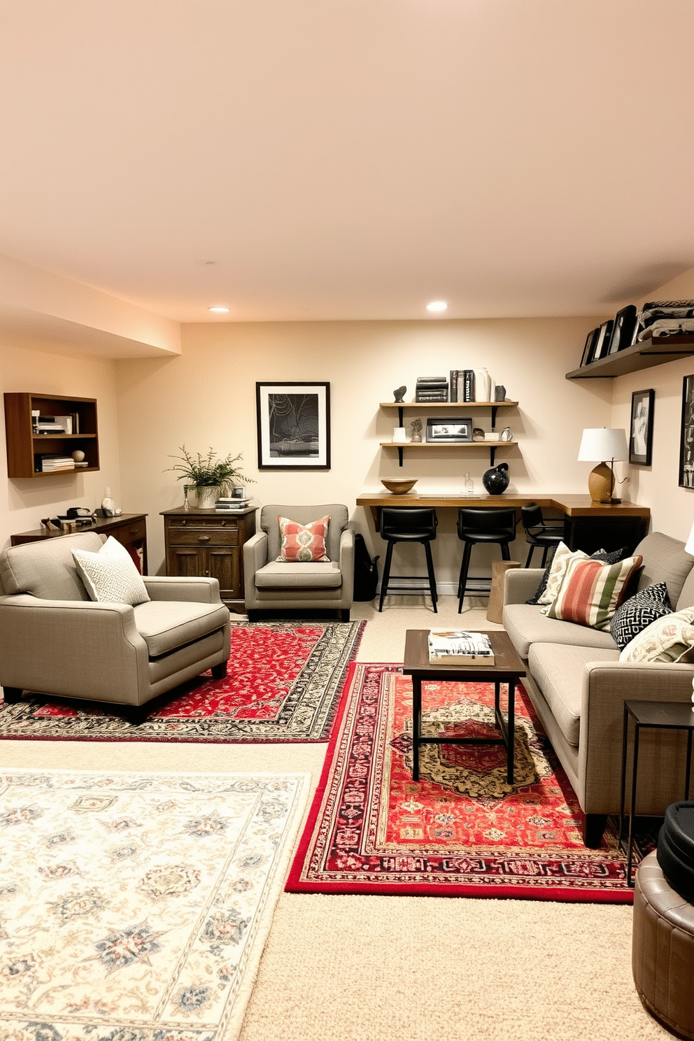 A cozy basement retreat featuring layered rugs in varying textures and colors to create warmth and visual interest. The space is adorned with soft lighting and comfortable seating, inviting relaxation and conversation. Incorporate a small bar area with stylish stools and a reclaimed wood countertop, enhancing the inviting atmosphere. The walls are painted in a light, neutral tone to keep the space feeling open and airy, while decorative shelves display curated books and personal mementos.