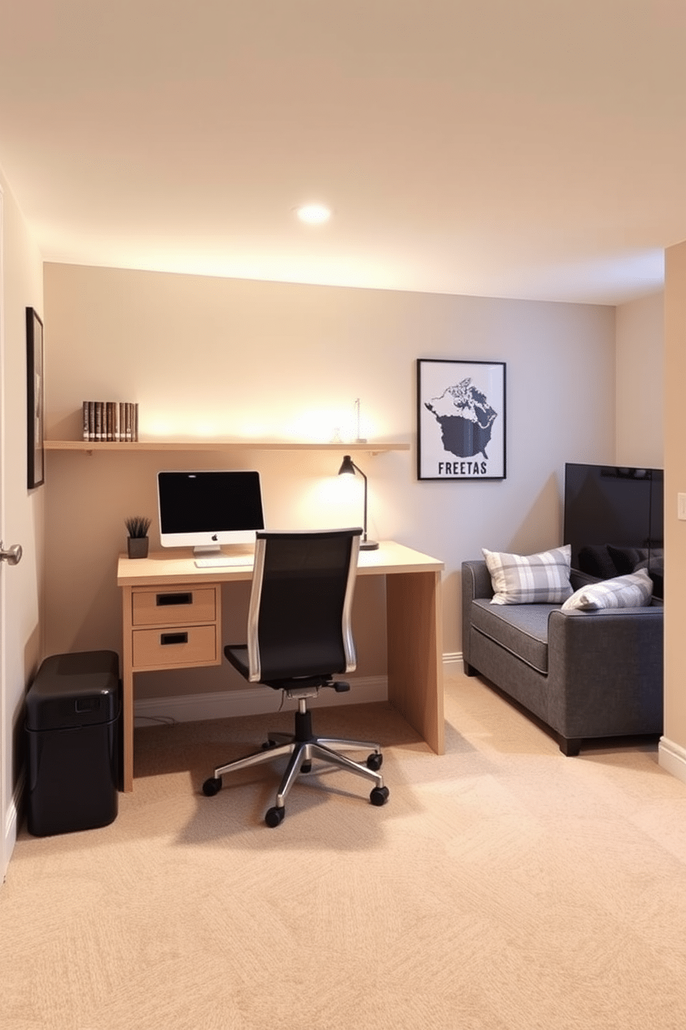 A compact desk for a home office space. The desk features a sleek design in light wood, paired with a comfortable ergonomic chair. Small basement design ideas. The space is transformed with a cozy seating area, incorporating soft lighting and a warm color palette to create an inviting atmosphere.