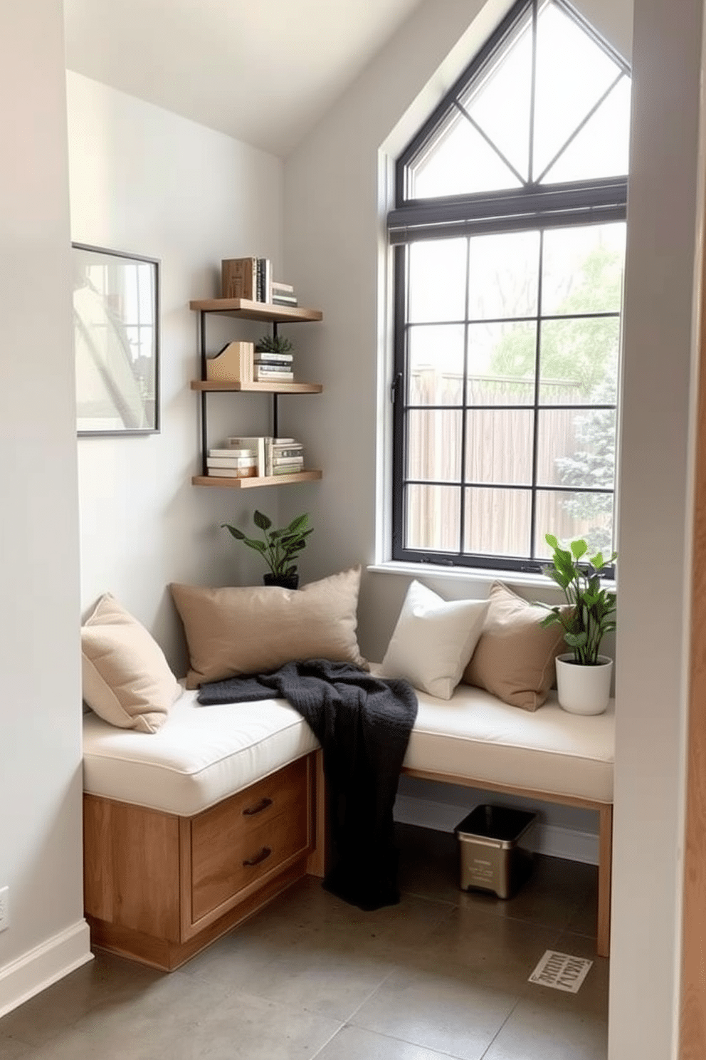 A cozy padded window seat is nestled in a small basement, providing a perfect nook for relaxation. The seat is adorned with plush cushions in soft, neutral tones, while natural light filters through the large window above. The basement features a modern design with light-colored walls and a sleek, polished concrete floor. To enhance the space, decorative shelving units display books and plants, creating a warm and inviting atmosphere.