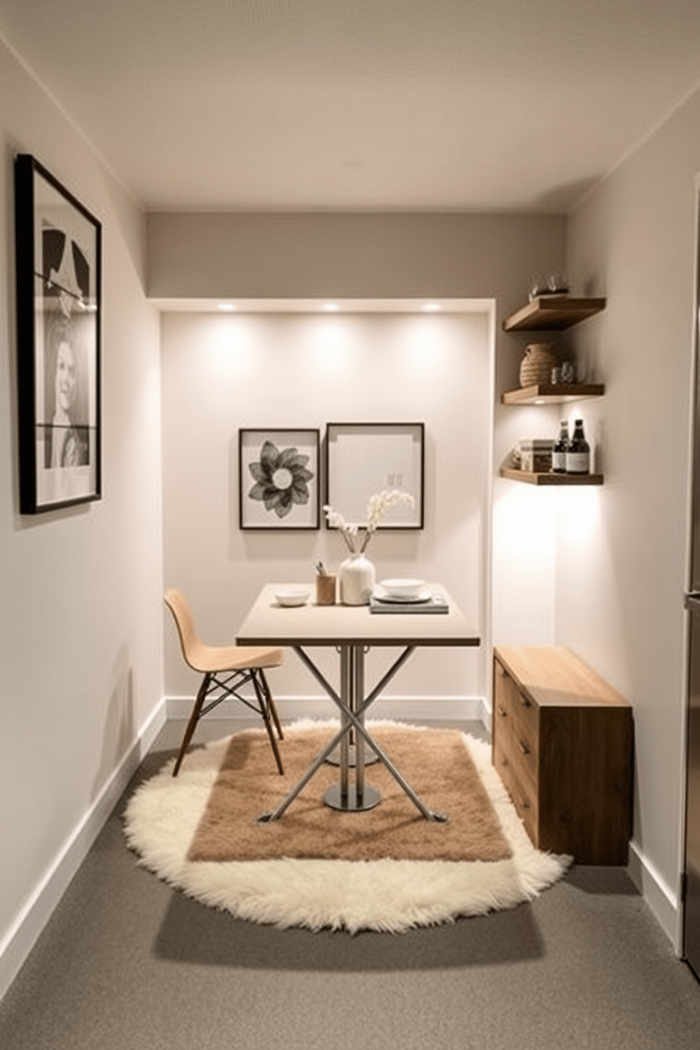 A stylish small basement dining area features a wall-mounted foldable table that seamlessly integrates into the space. The table is adorned with minimalist decor, while soft lighting illuminates the cozy atmosphere, creating an inviting dining experience. The basement design incorporates light-colored walls and a plush area rug to enhance the sense of openness. A few strategically placed shelves display decorative items, adding personality and charm to the compact environment.