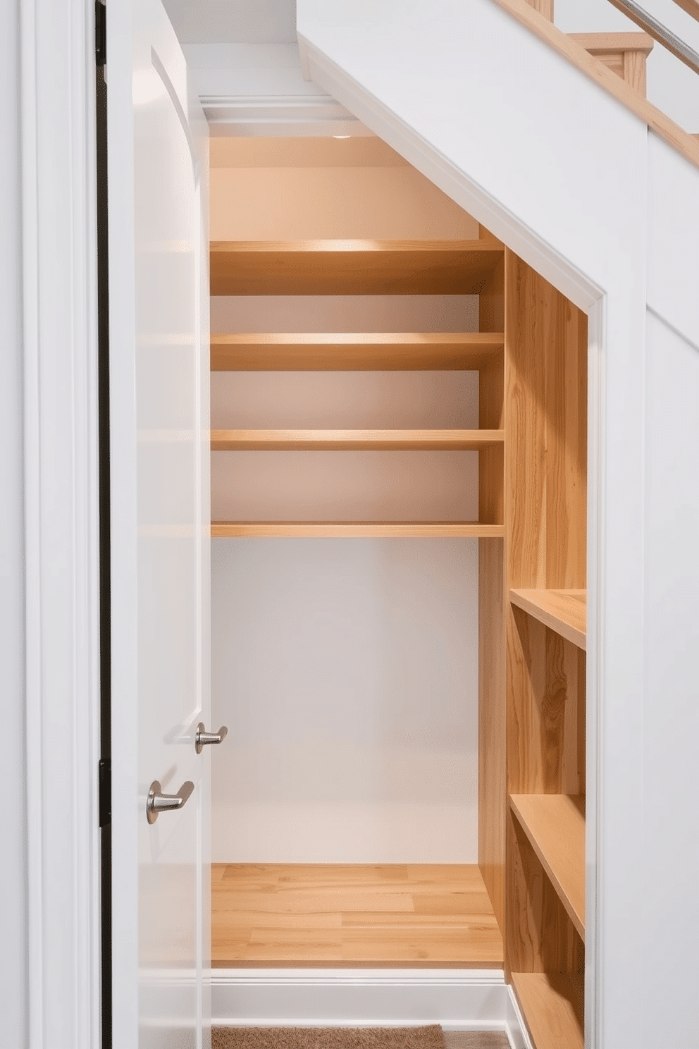 A small closet under a staircase is designed to maximize vertical space with custom-built shelves that reach the ceiling. The shelves are made of light wood, providing a warm contrast to the white walls, while the closet door features a sleek, modern handle for easy access.