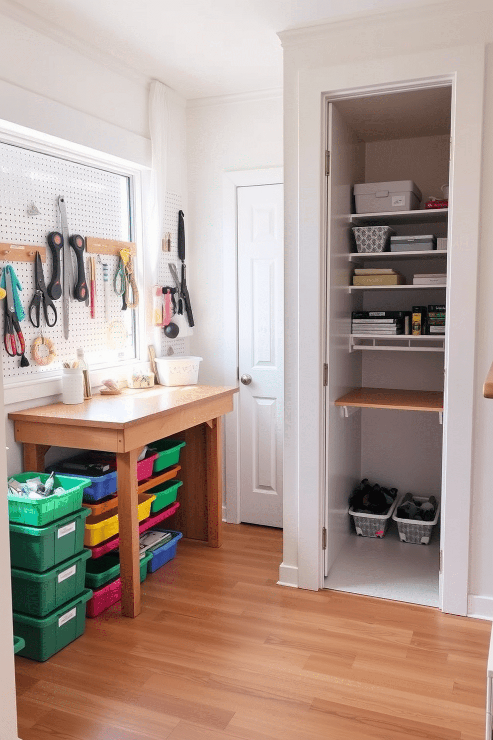 A cozy craft corner featuring a large wooden table surrounded by colorful storage bins filled with supplies. The walls are adorned with pegboards holding tools and materials, while a bright window allows natural light to illuminate the creative space. A functional small closet under the staircase designed with built-in shelves and a fold-down desk. The interior is painted in a soft white, and the door has a sleek, minimalist design that blends seamlessly with the surrounding wall.