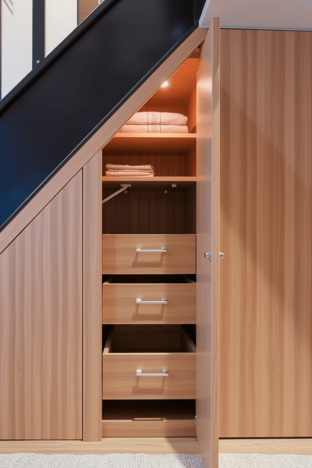 A small closet under the staircase features pull-out drawers for easy access, maximizing storage efficiency in a compact space. The design incorporates a light wood finish with sleek metal handles, ensuring a modern aesthetic that complements the surrounding decor.