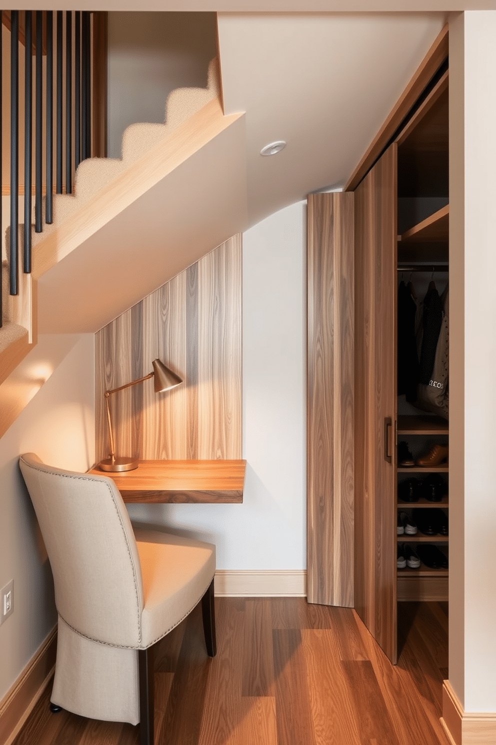 A cozy nook under the staircase features a small desk area designed for productivity. The desk is crafted from reclaimed wood, paired with a comfortable upholstered chair, and accented by a sleek desk lamp that provides warm light. Adjacent to the desk, a small closet is cleverly integrated into the space, with sliding doors that blend seamlessly with the staircase. The interior of the closet is organized with shelves and hooks, providing ample storage for shoes and bags while maintaining a tidy appearance.