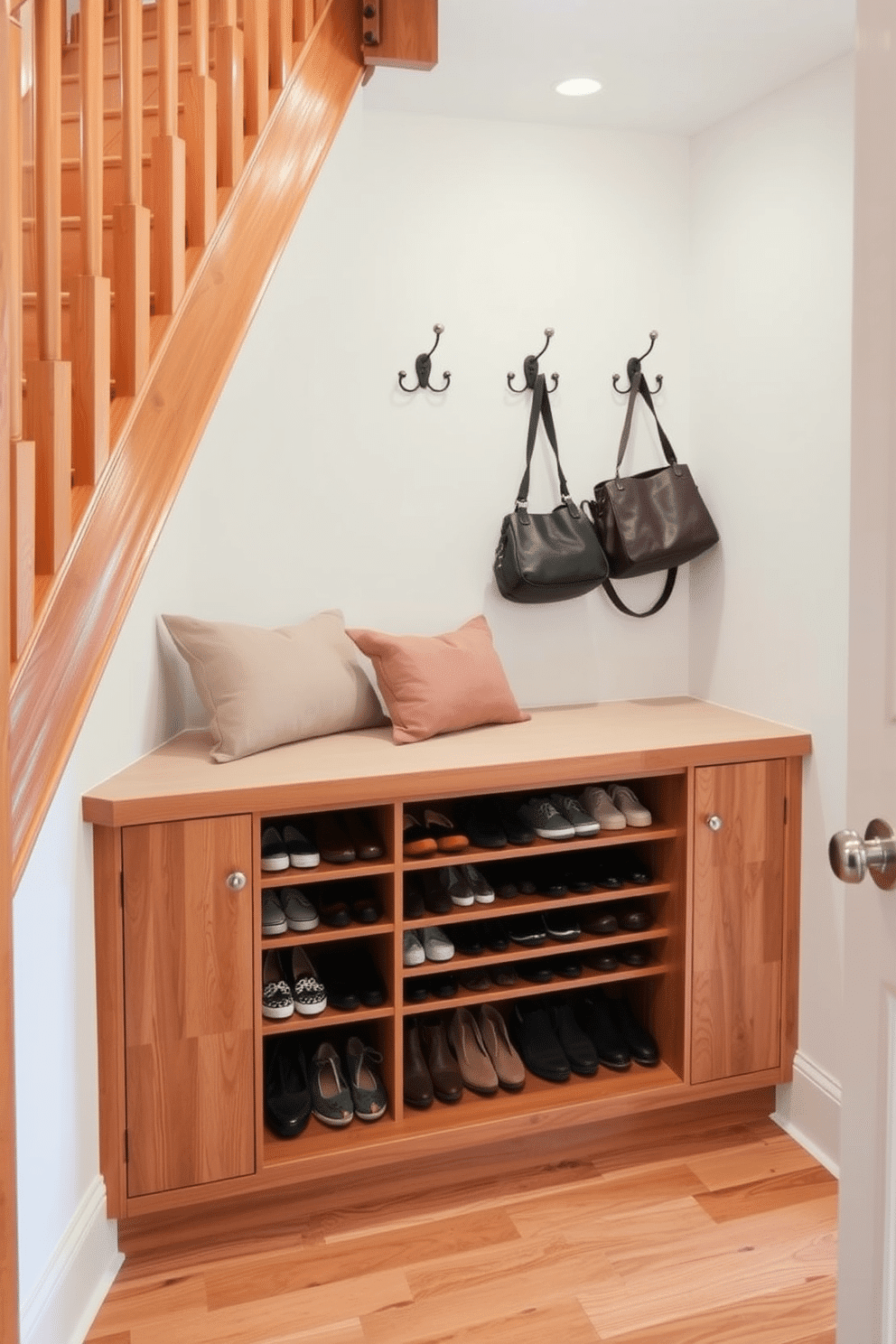 A small closet under the staircase features a sleek shoe rack with built-in seating, providing both functionality and style. The design incorporates warm wood tones and soft cushioning, creating a cozy nook for putting on shoes. The shoe rack is neatly organized with a variety of footwear, while the walls are painted in a light, airy color to enhance the sense of space. Decorative hooks are mounted above the seating area for hanging bags or coats, adding to the practicality of the design.