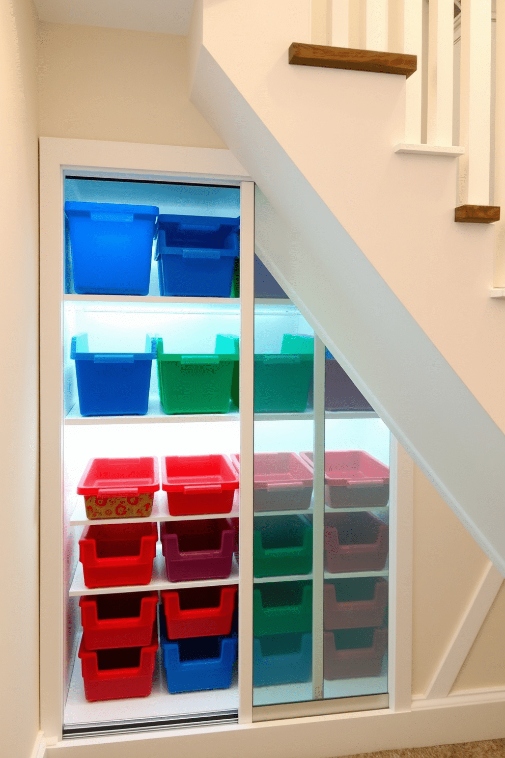 A small closet under the staircase is designed with color-coded bins for optimal organization. The bins, in vibrant shades of blue, green, and red, are neatly arranged on shelves, making it easy to categorize and access items. The closet features a sliding door that maximizes space efficiency while providing a sleek look. Soft white lighting illuminates the interior, highlighting the organized bins and creating a welcoming atmosphere.