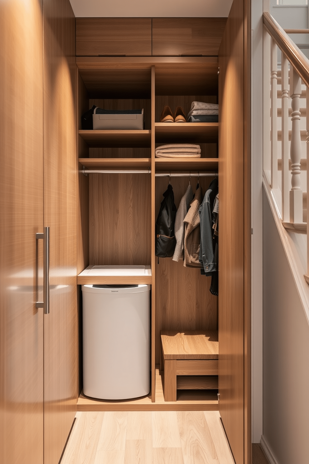 A cleverly designed hidden laundry hamper space is integrated into the cabinetry, featuring a pull-out drawer that blends seamlessly with the surrounding wood finish. The area is well-lit with soft, ambient lighting, enhancing the functionality while maintaining a stylish aesthetic. The small closet under the staircase is transformed into a multifunctional storage solution, with built-in shelves and hanging space for coats and bags. A charming, painted door adds character, while a small bench provides a convenient spot for putting on shoes.