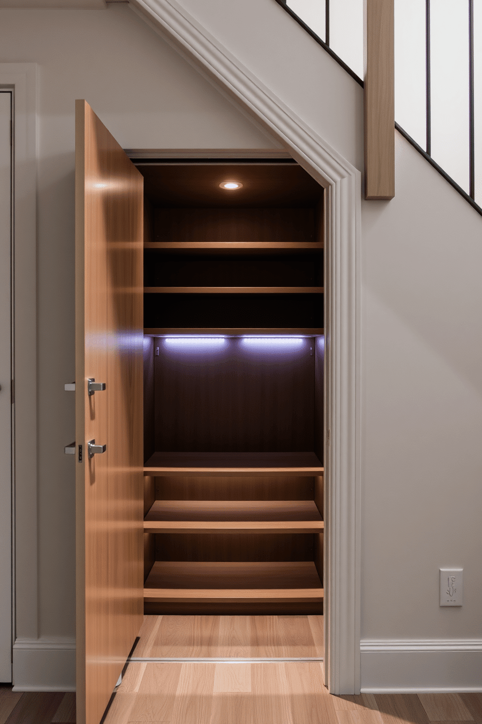 A small closet under the staircase features adjustable shelving that maximizes storage versatility. The design includes a sleek, modern door that blends seamlessly with the staircase, while soft LED lighting illuminates the interior for easy access.