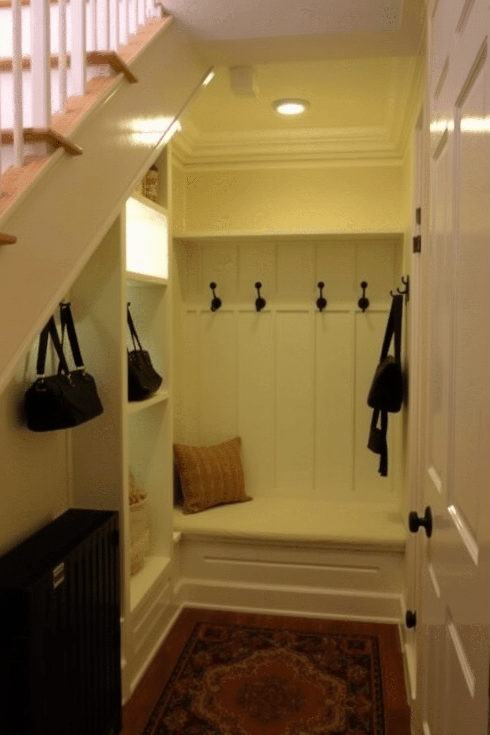 A cozy small closet under the staircase features soft ambient lighting that creates a warm and inviting atmosphere. The walls are painted in a light, neutral color, and the space is adorned with built-in shelves for organized storage. The closet includes a small bench for seating, with plush cushions that add comfort. Decorative hooks line the wall for hanging bags and coats, while a stylish area rug adds a touch of elegance to the floor.