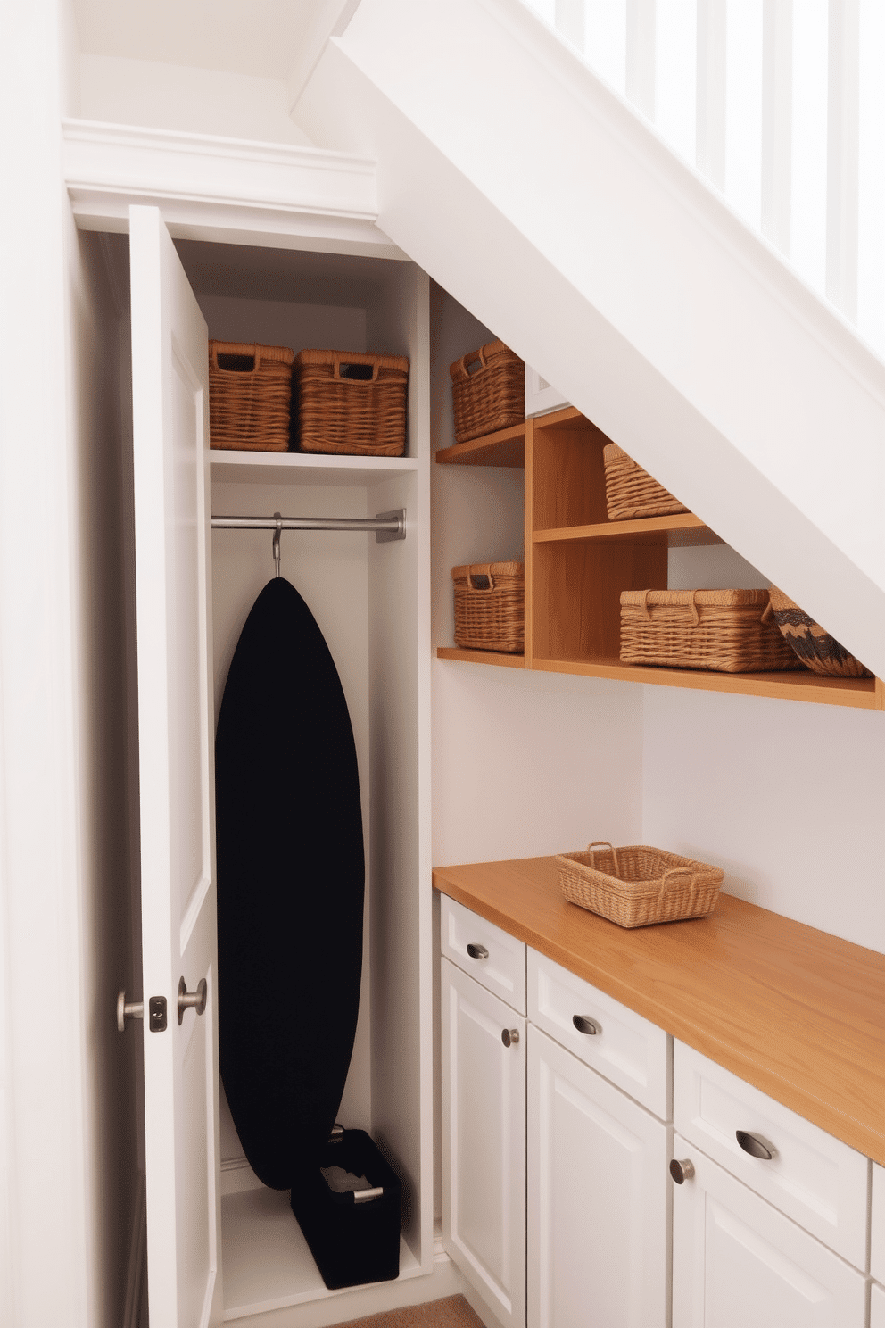 A cozy and functional small closet design under a staircase. The closet features a fold-down ironing board neatly integrated into the cabinetry, maximizing space efficiency while maintaining a clean aesthetic. The walls are painted in a soft white to enhance the brightness of the area, complemented by warm wood shelving for storage. Decorative baskets are placed on the shelves, providing organization while adding a touch of style to the compact space.