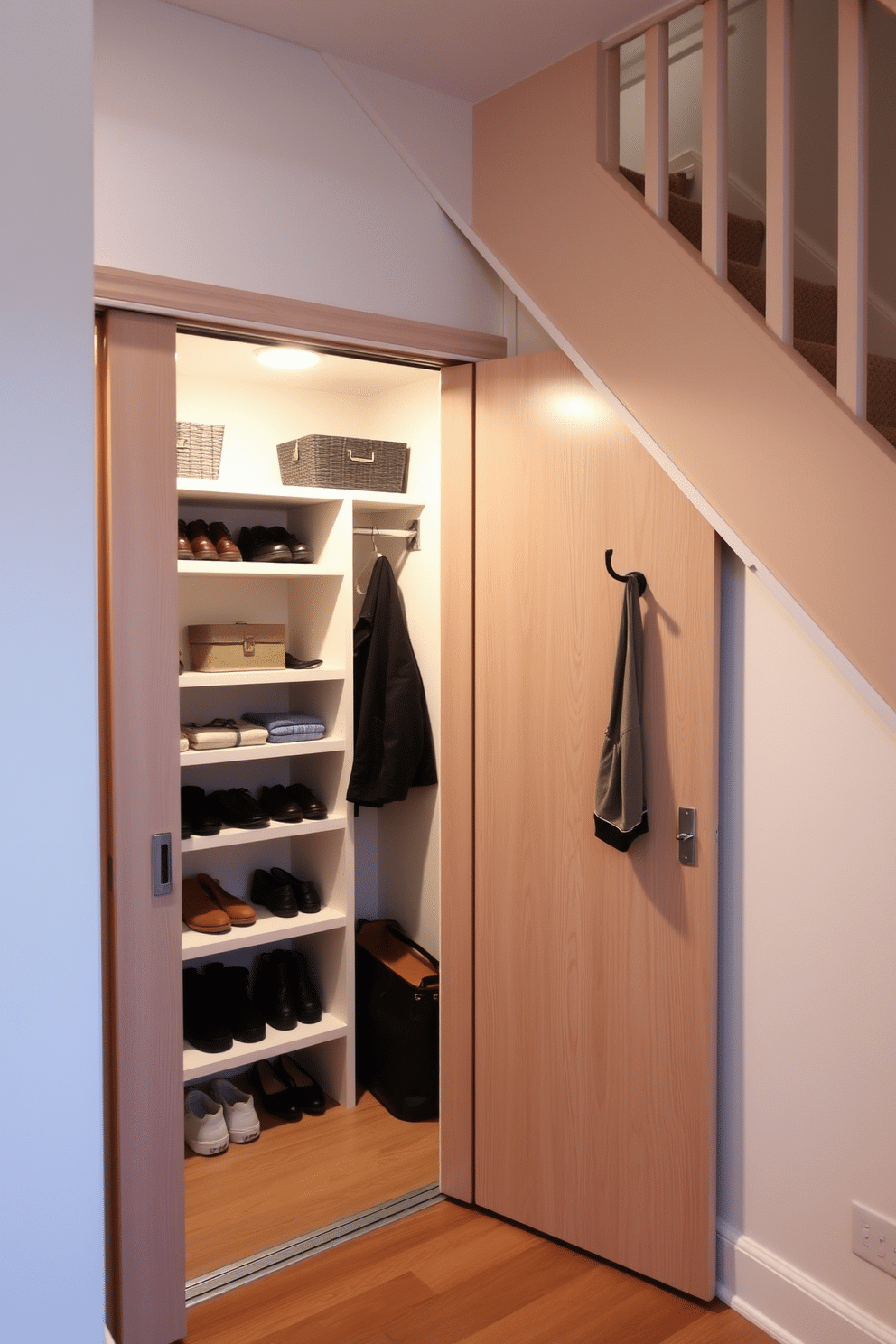 A small closet design under the staircase features sleek sliding doors made of light wood, creating a seamless transition with the surrounding decor. Inside, shelves are neatly organized to maximize space, holding shoes and seasonal items, while a small hanging rod accommodates coats and bags. The walls are painted in a soft, neutral color to enhance brightness, and a stylish light fixture illuminates the space. Decorative hooks are added to the outside of the closet for easy access to frequently used items, blending functionality with aesthetic appeal.