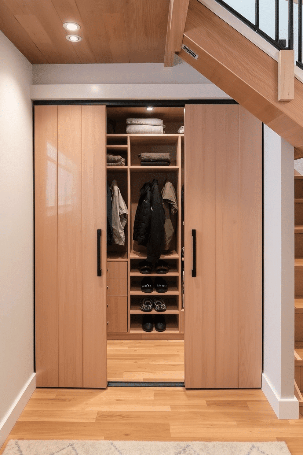 A cozy small closet under the staircase features sliding doors for easy accessibility, seamlessly blending with the surrounding architecture. The interior is designed with built-in shelves and hooks, maximizing storage while maintaining an organized and stylish appearance.